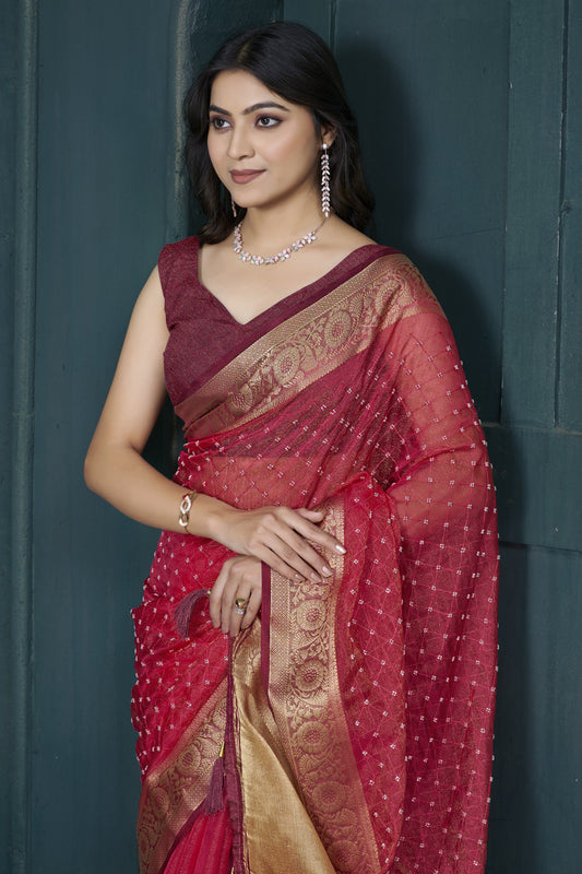 Red Bead Work Jacquard Saree-ZB134212_2_SareeButa.com