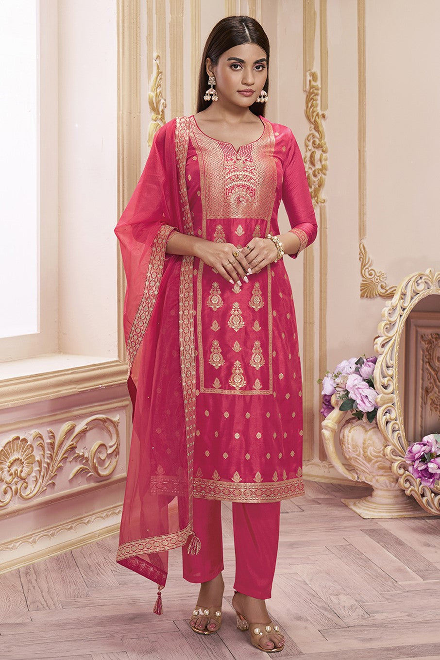 Red Dola Silk Readymade Salwar Suit-SS138_1_SareeButa.com