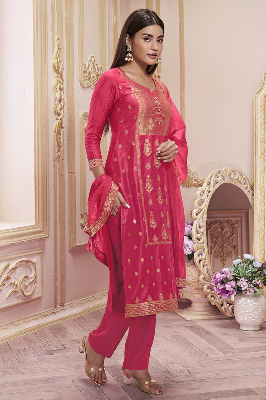 Red Dola Silk Readymade Salwar Suit-SS138_2_SareeButa.com