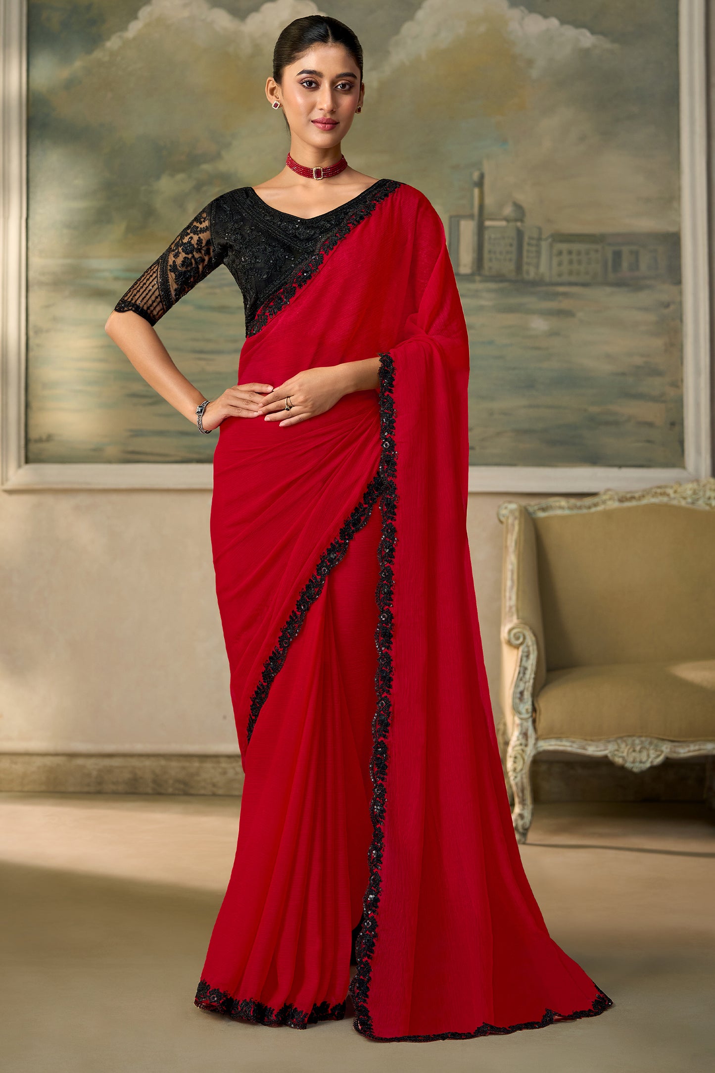Red Embroidered Chiffon Saree-SAR13181_1_SareeButa.com