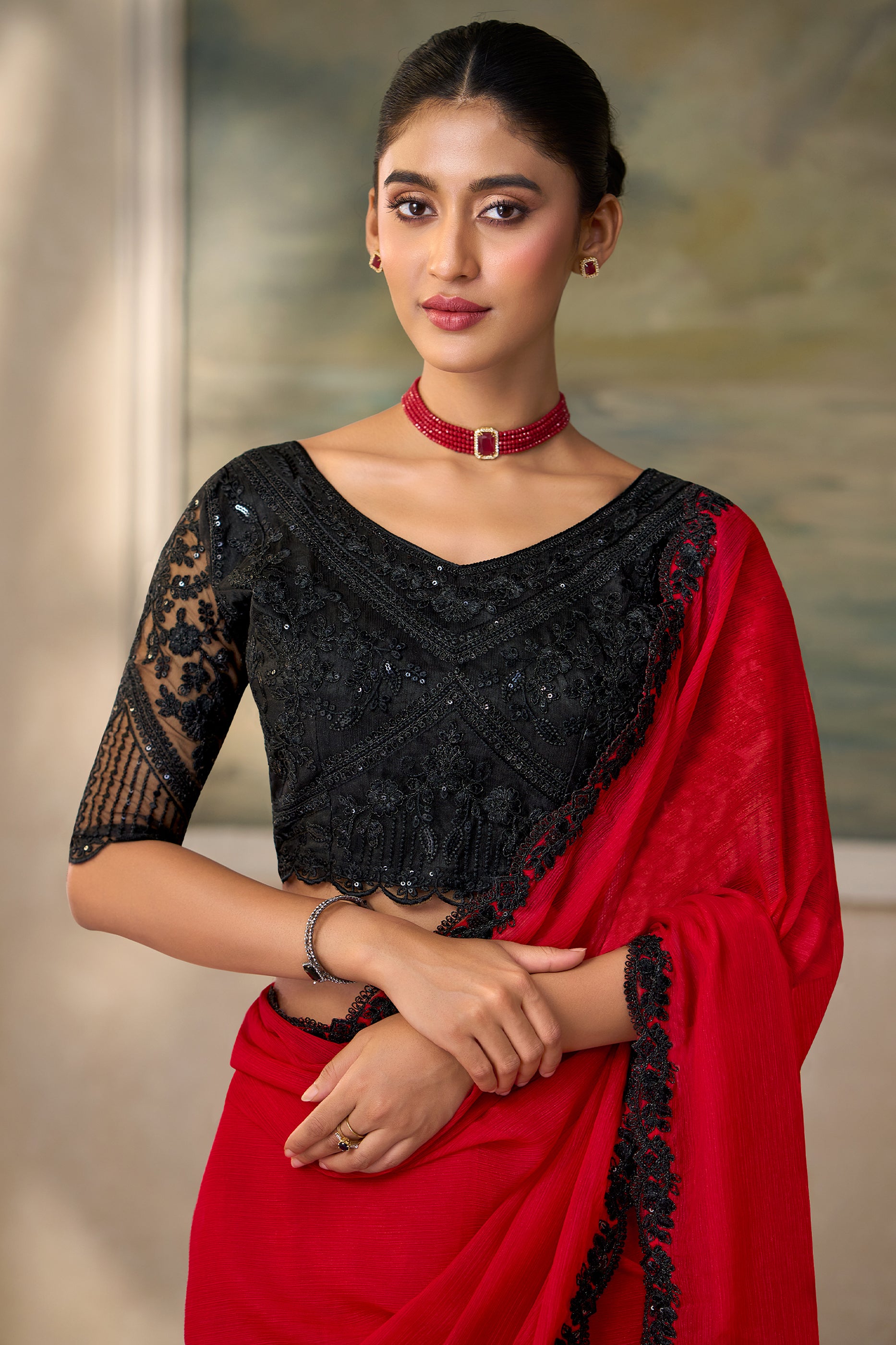 Red Embroidered Chiffon Saree-SAR13181_2_SareeButa.com