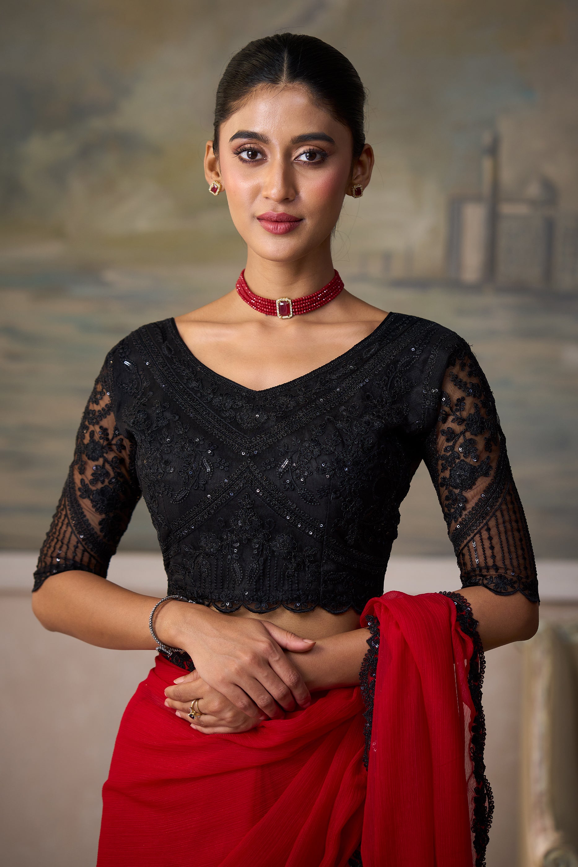 Red Embroidered Chiffon Saree-SAR13181_3_SareeButa.com