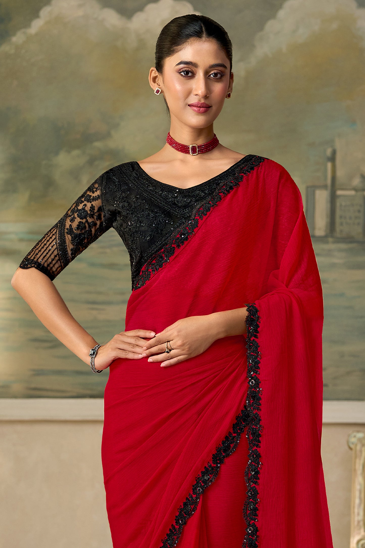 Red Embroidered Chiffon Saree-SAR13181_5_SareeButa.com
