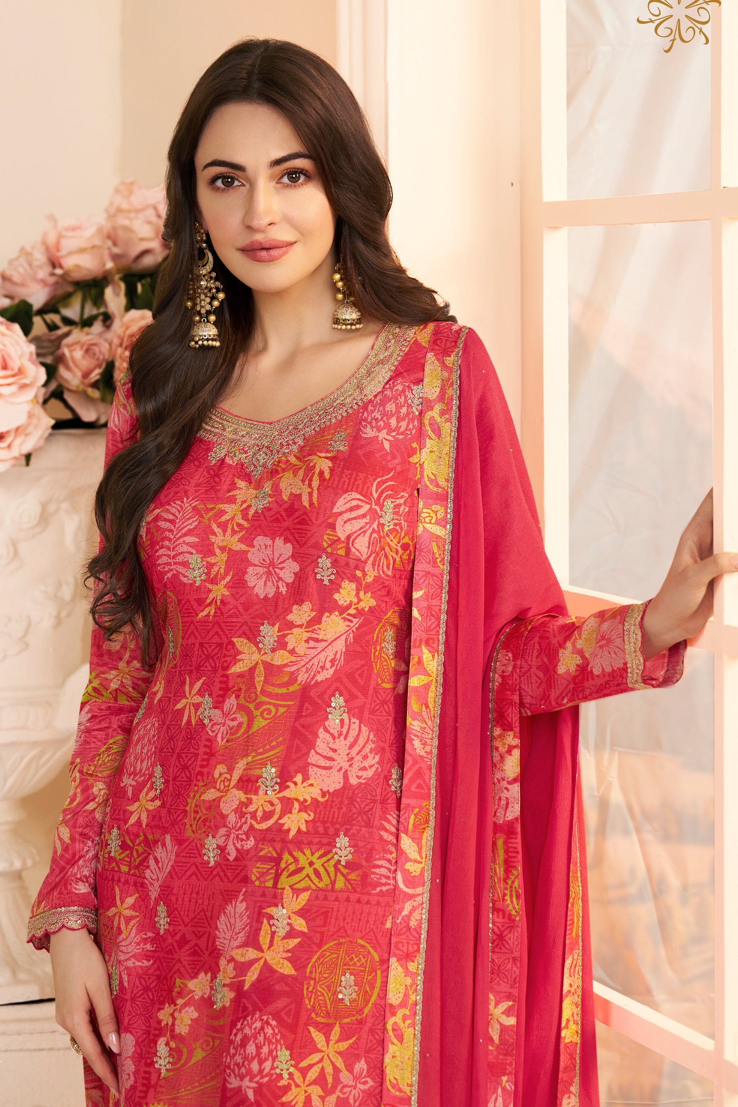 Red Embroidered Chinon Suit-SAR11512_3_SareeButa.com
