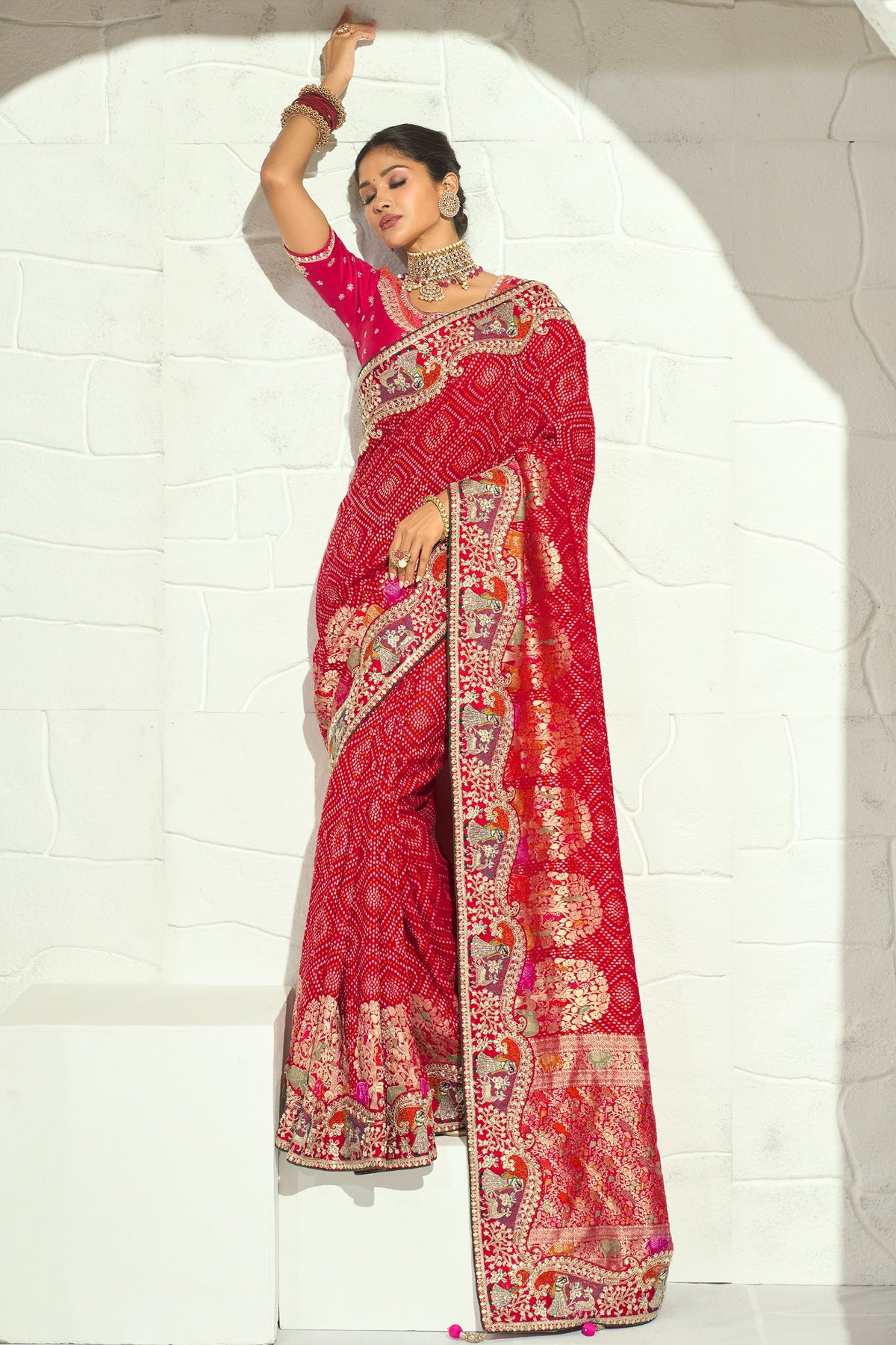 Red Embroidered Georgette Bandhej Saree-SAR13395_1_SareeButa.com