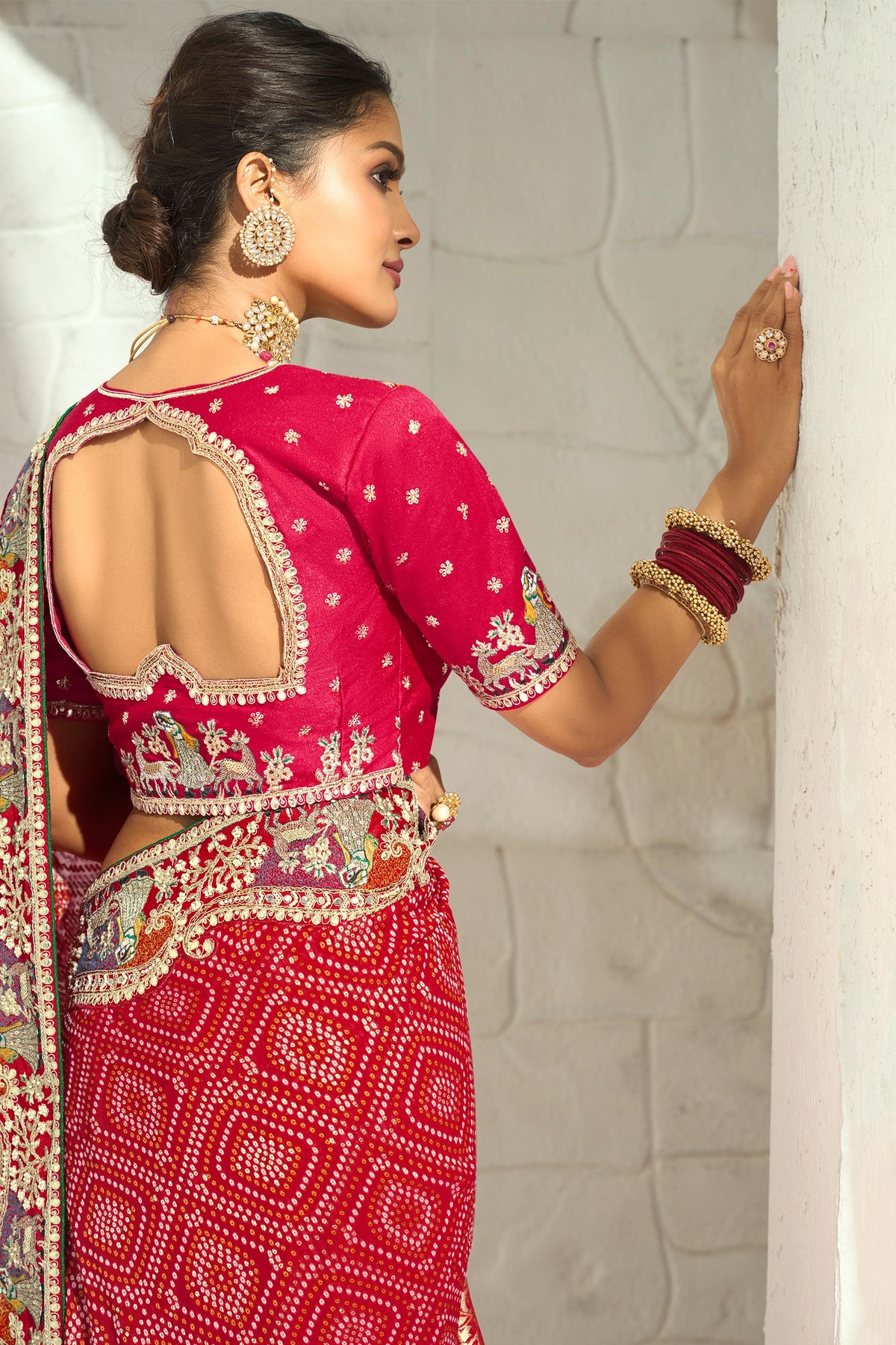 Red Embroidered Georgette Bandhej Saree-SAR13395_3_SareeButa.com