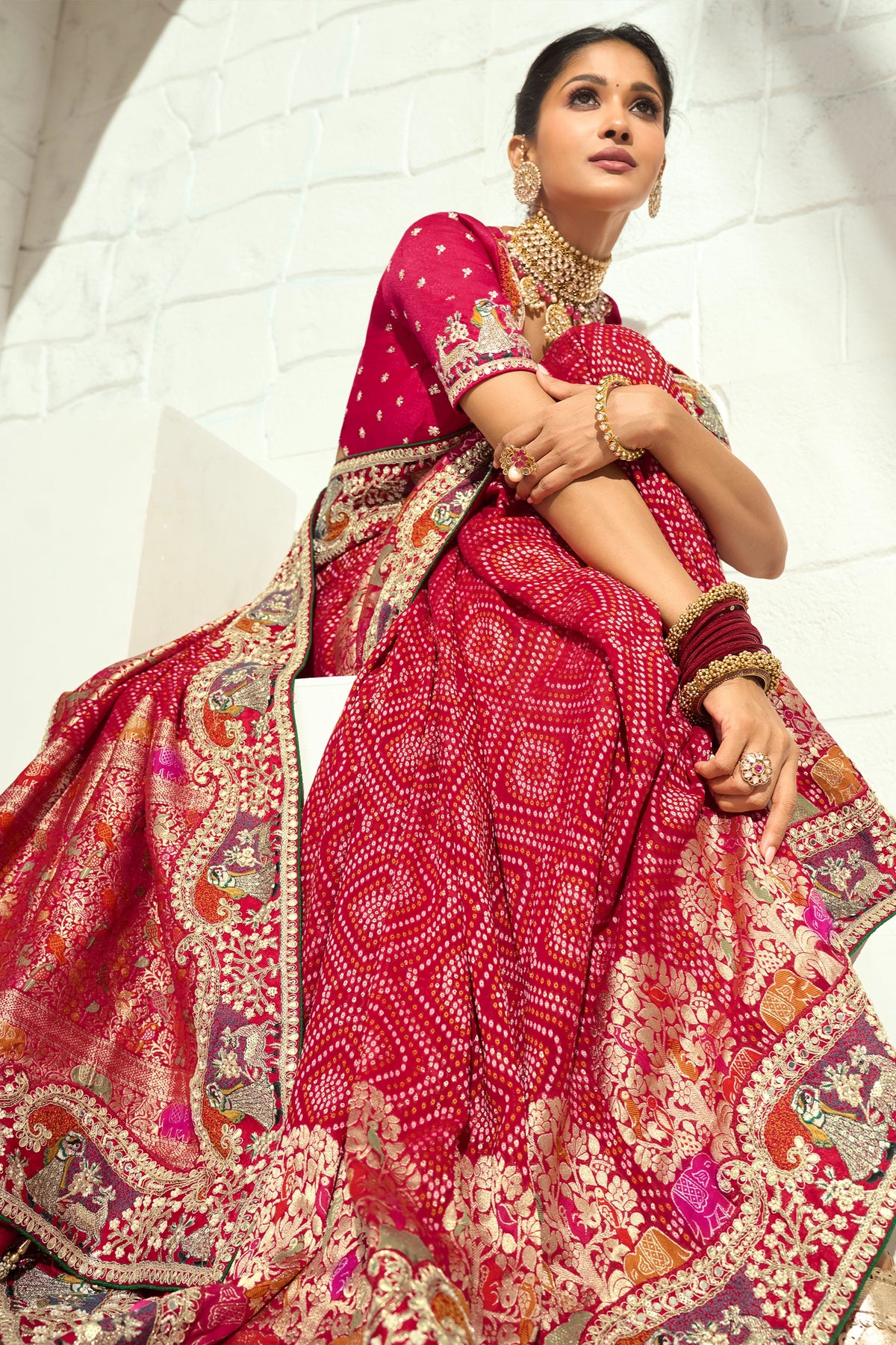 Red Embroidered Georgette Bandhej Saree-SAR13395_4_SareeButa.com