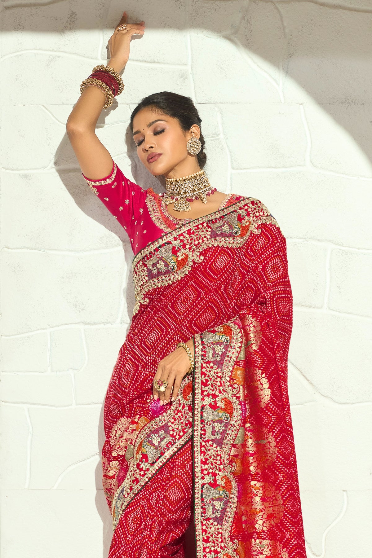 Red Embroidered Georgette Bandhej Saree-SAR13395_5_SareeButa.com