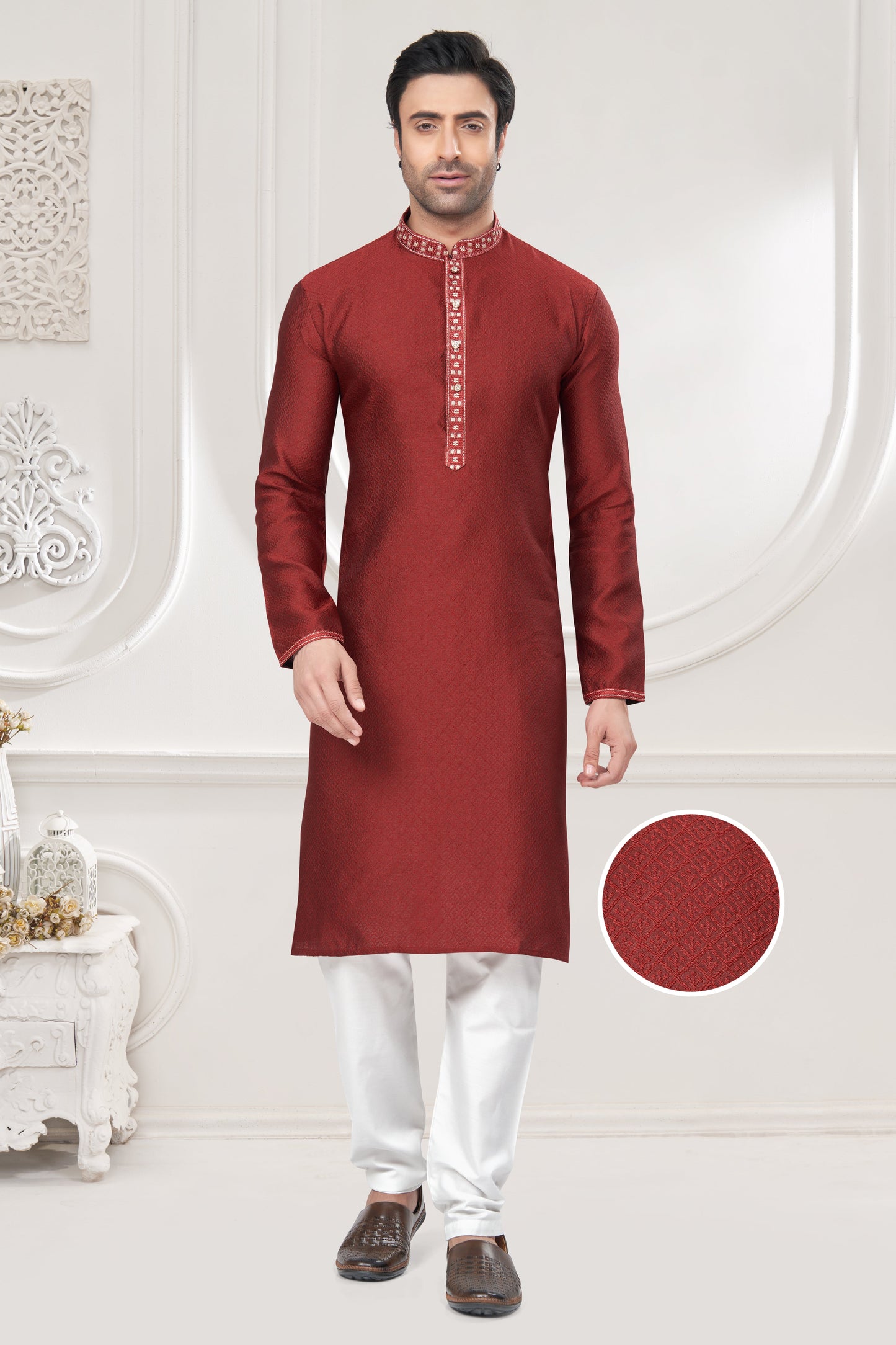 Red Embroidered Jacquard Kurta Pajama-MW4_1_SareeButa.com