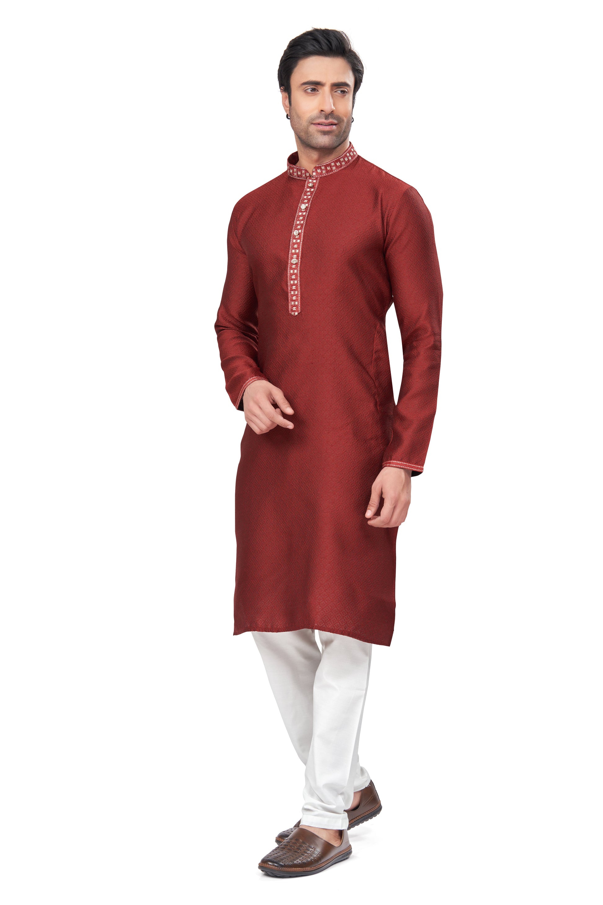 Red Embroidered Jacquard Kurta Pajama-MW4_2_SareeButa.com