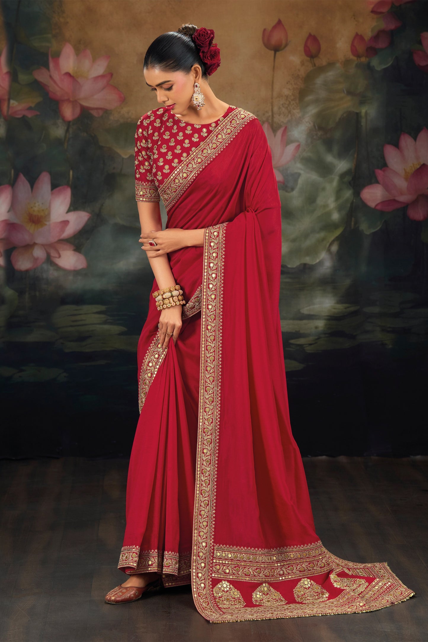 Red Embroidered Munga Silk Saree-SAR12275_1_SareeButa.com