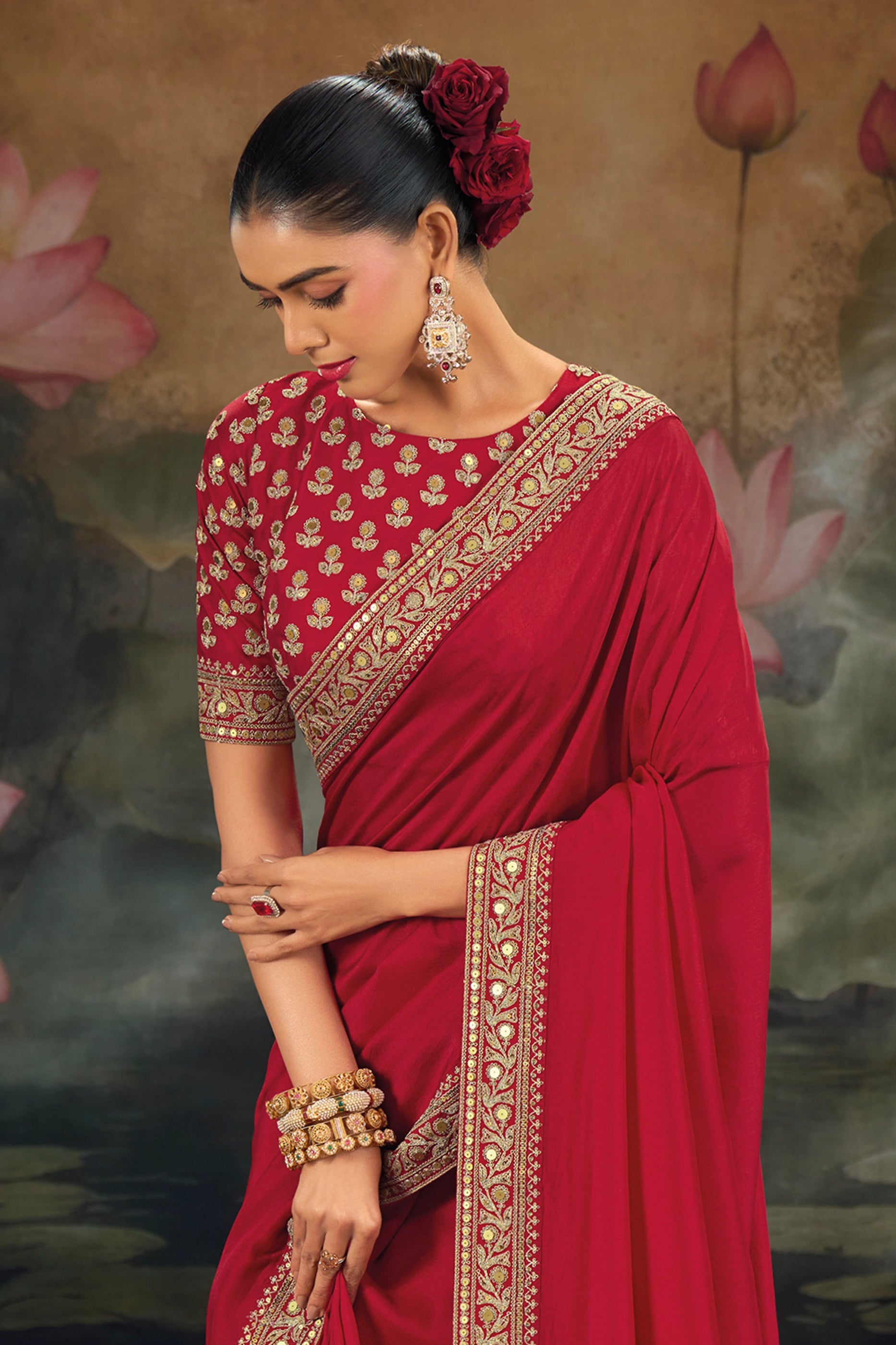 Red Embroidered Munga Silk Saree-SAR12275_2_SareeButa.com