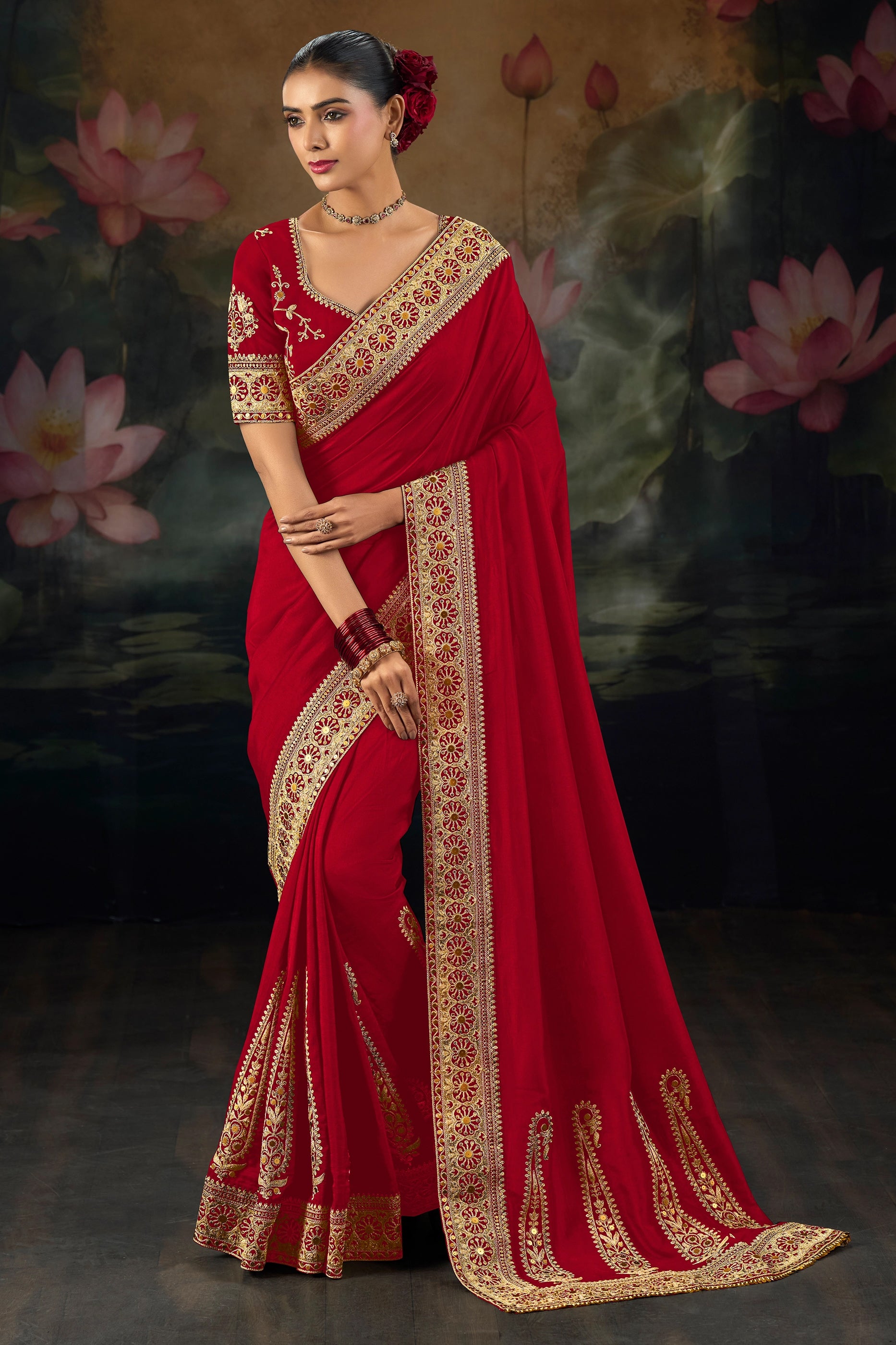 Red Embroidered Munga Silk Saree-SAR12283_1_SareeButa.com