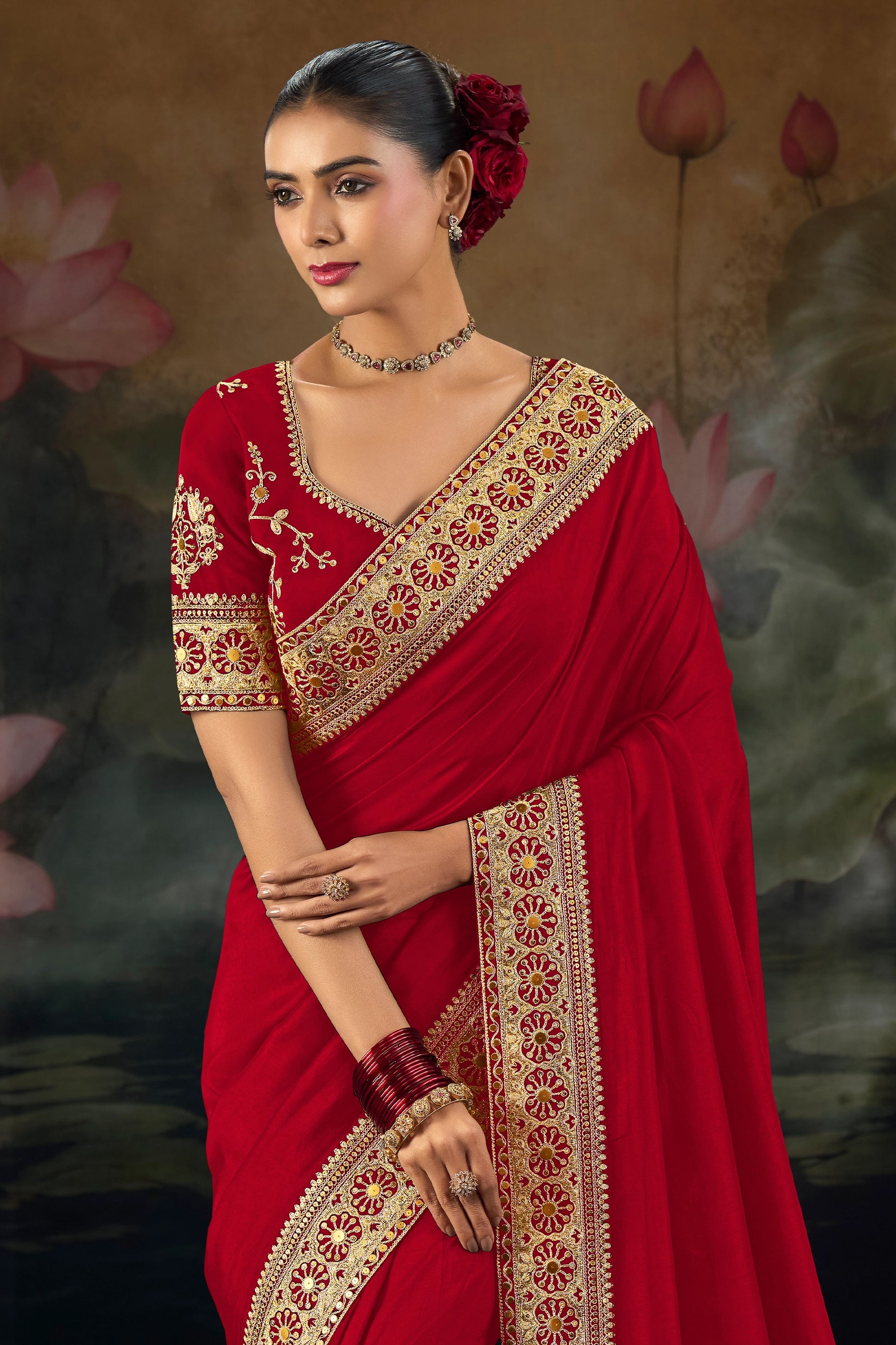 Red Embroidered Munga Silk Saree-SAR12283_2_SareeButa.com