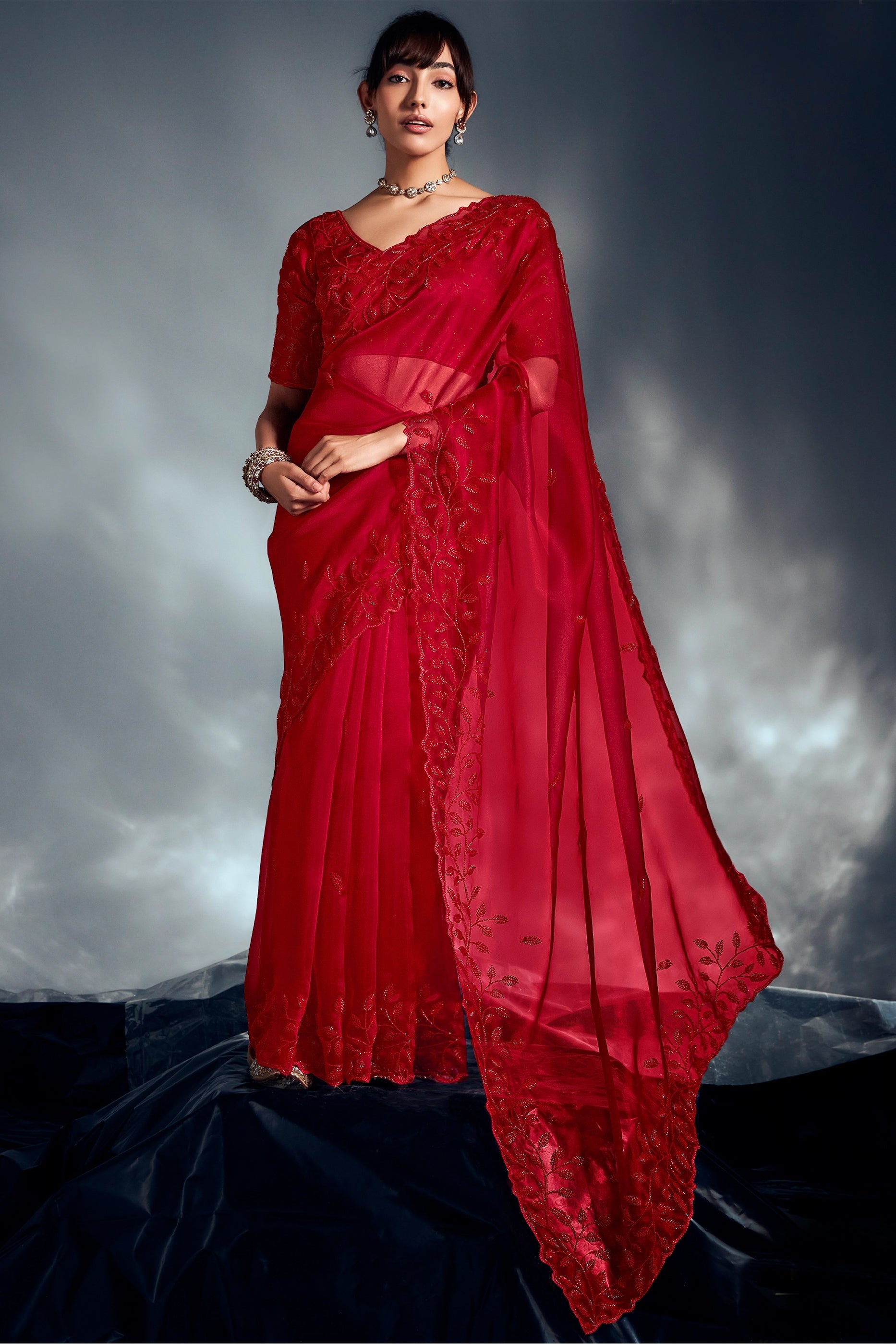 Red Embroidered Organza Silk Saree-SAR10218_1_SareeButa.com