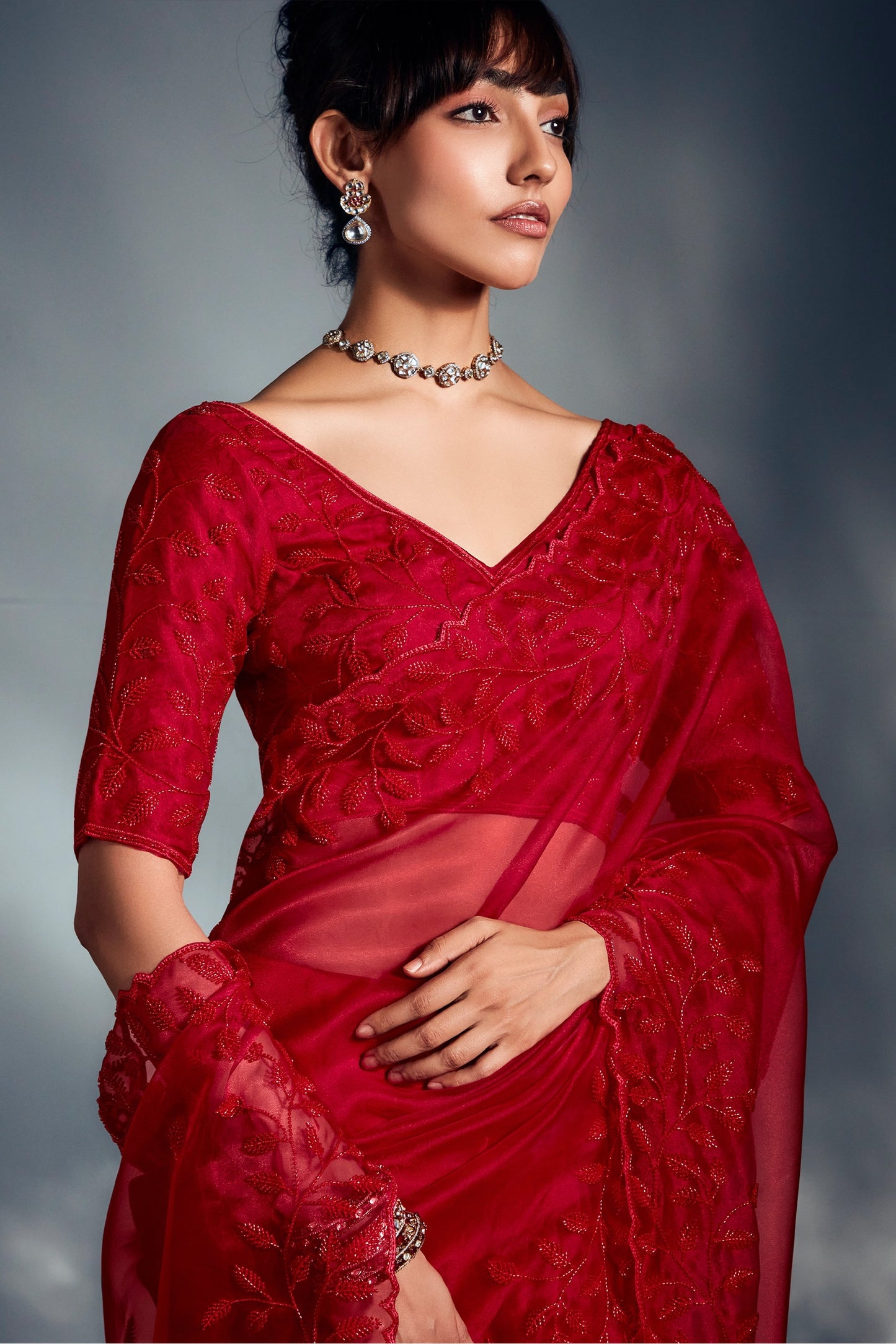 Red Embroidered Organza Silk Saree-SAR10218_2_SareeButa.com