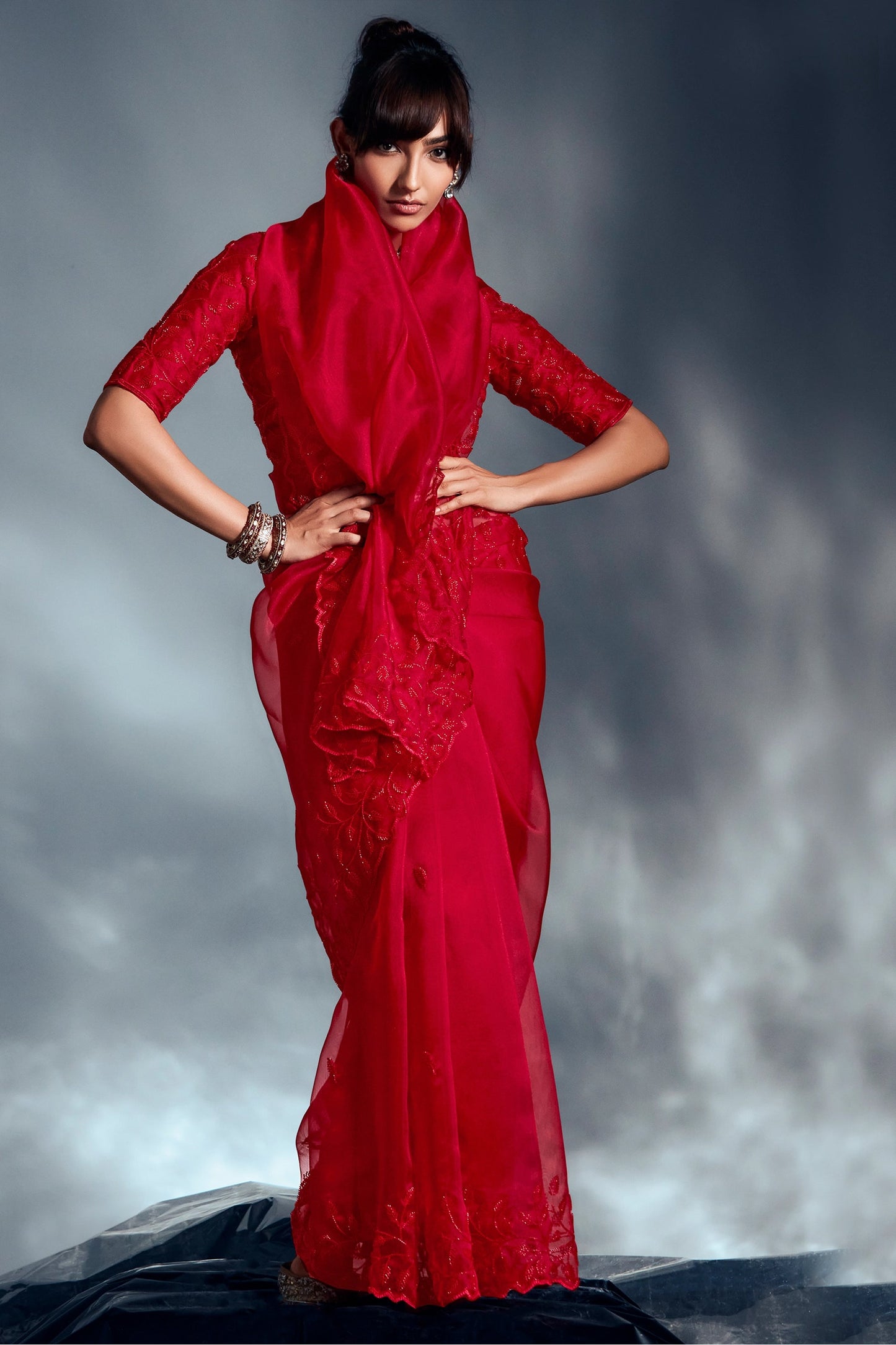 Red Embroidered Organza Silk Saree-SAR10218_4_SareeButa.com