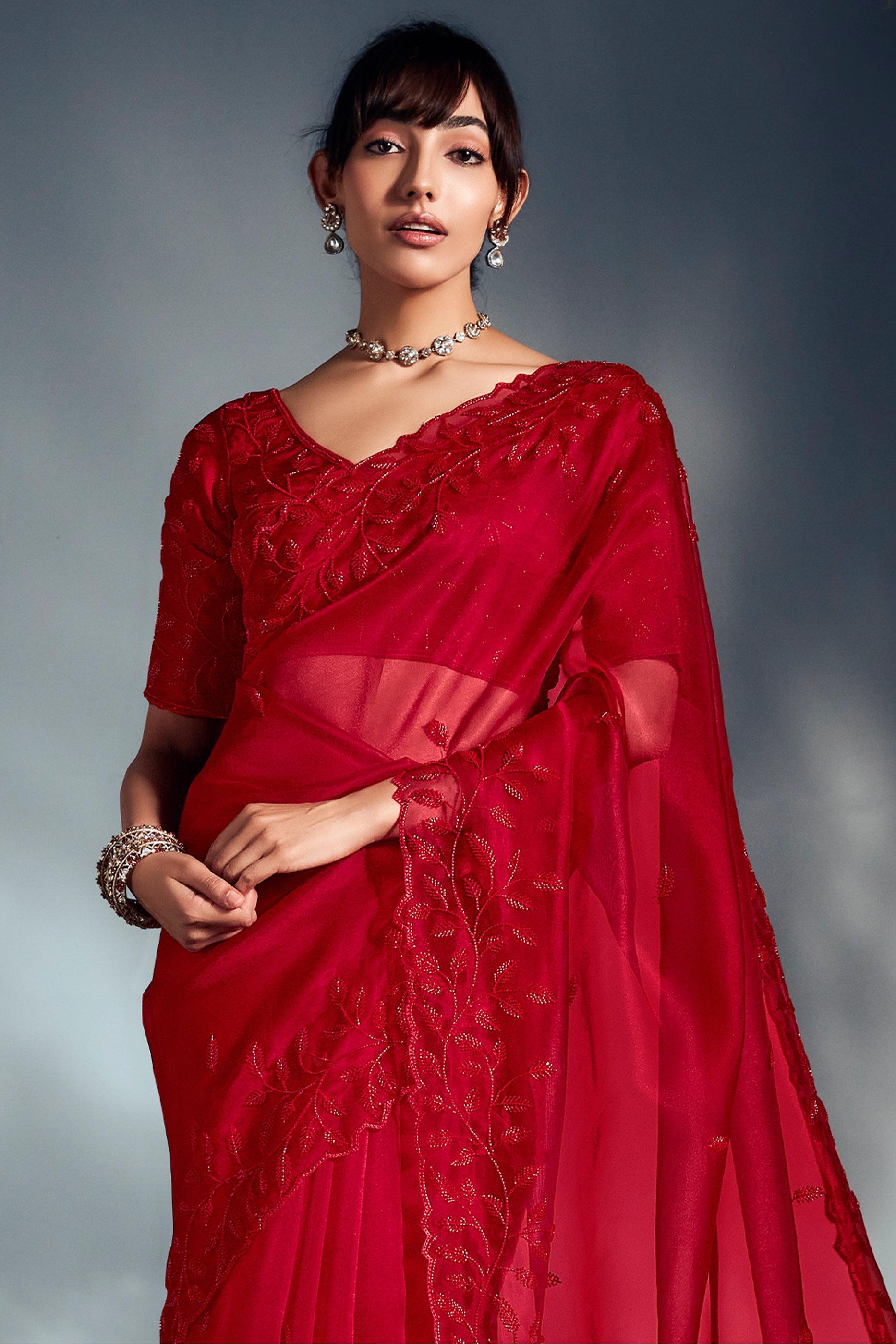 Red Embroidered Organza Silk Saree-SAR10218_5_SareeButa.com
