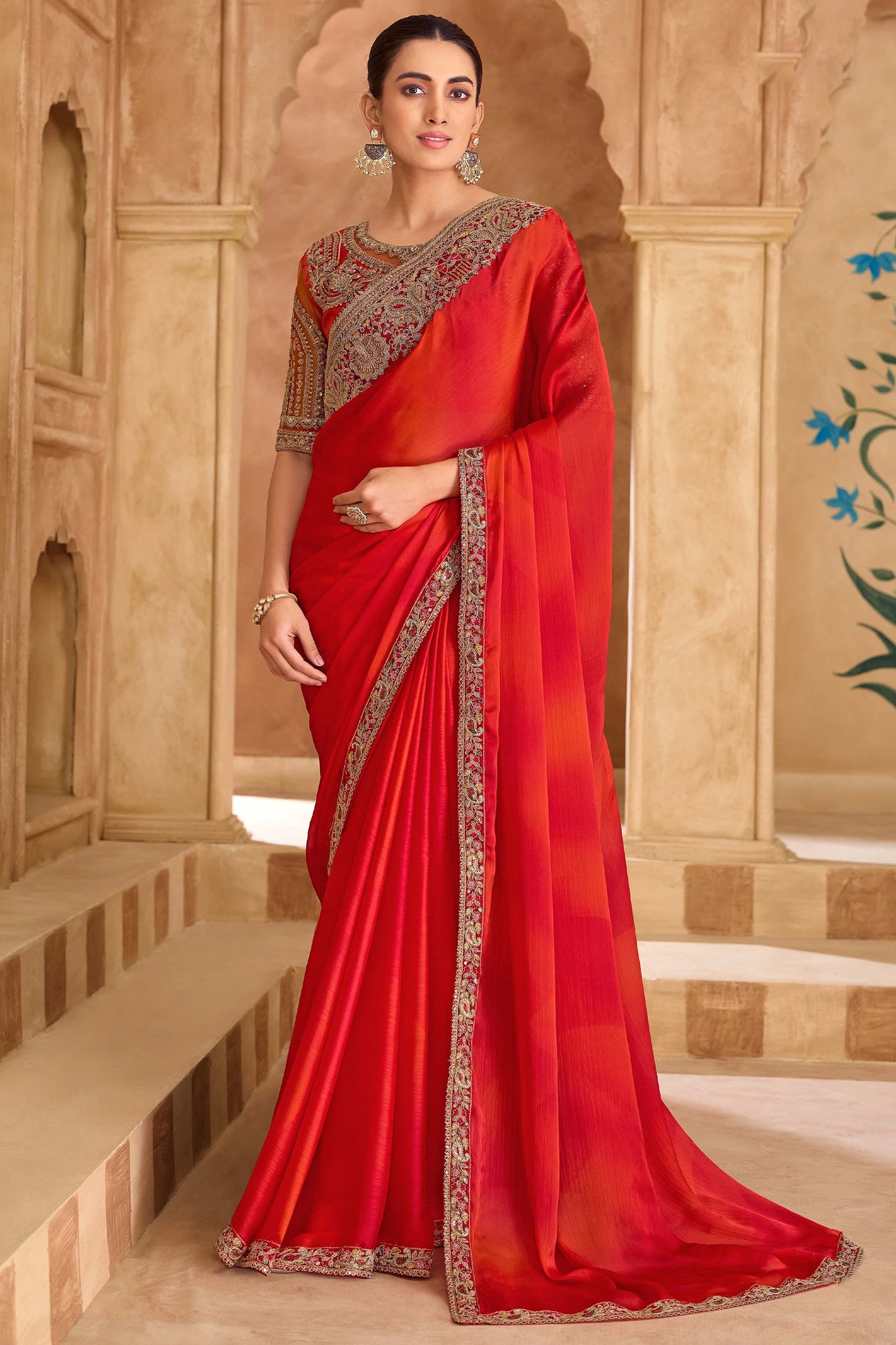 Red Embroidered Satin Chiffon Saree-SAR11714_1_SareeButa.com