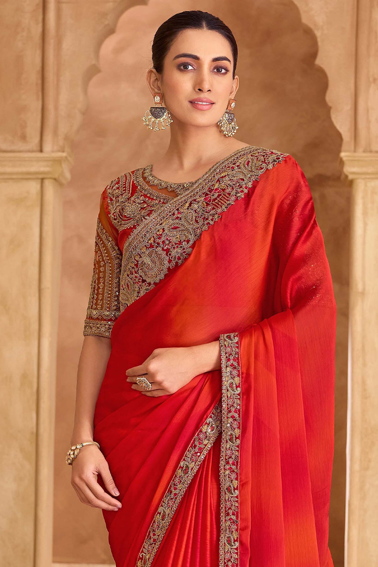 Red Embroidered Satin Chiffon Saree-SAR11714_3_SareeButa.com