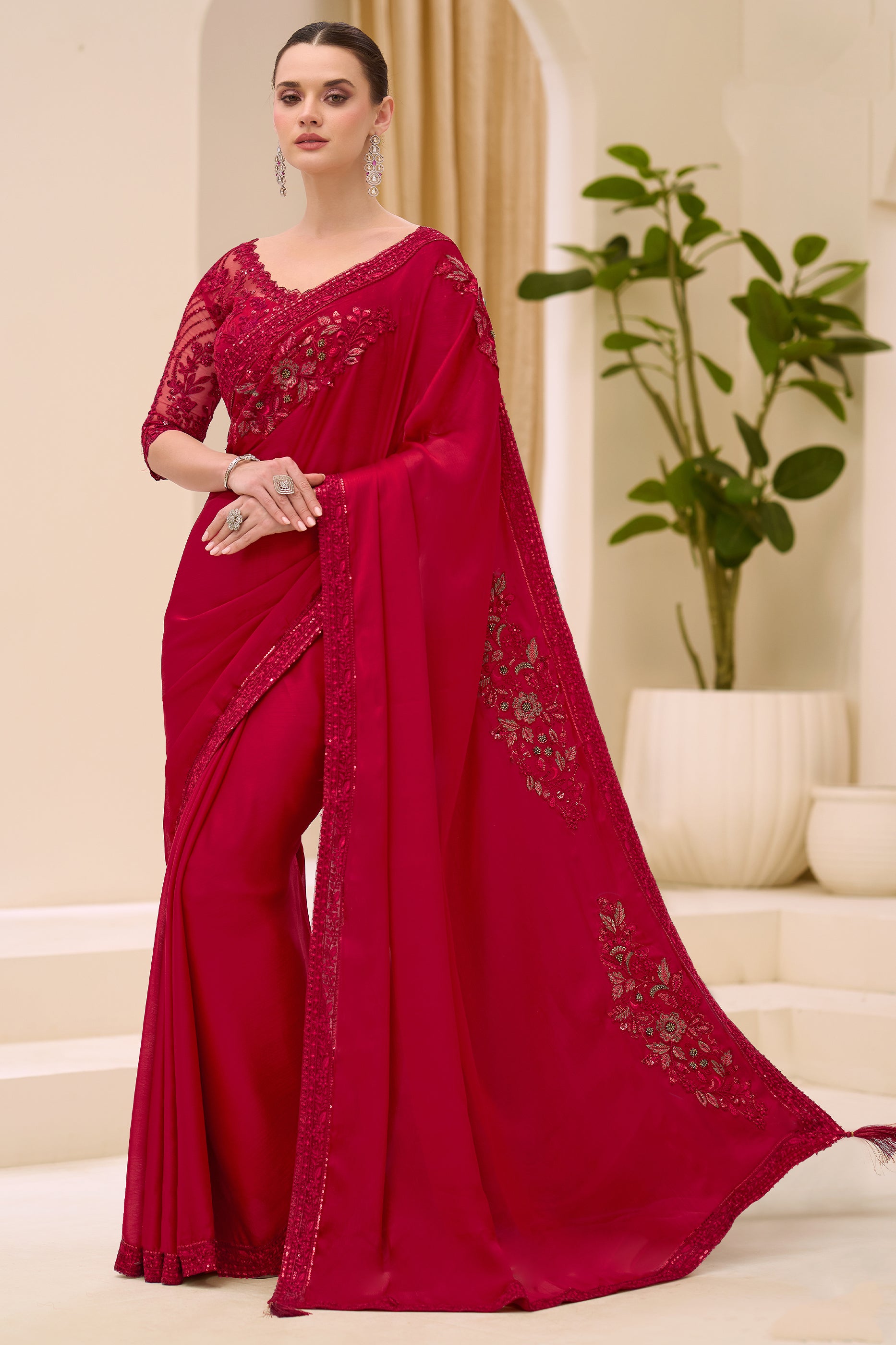Red Embroidered Satin Chiffon Saree-SAR12434_1_SareeButa.com