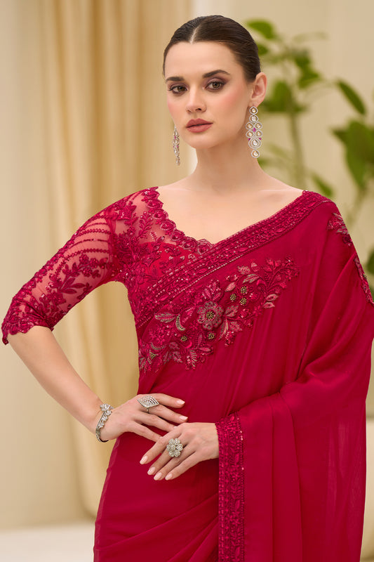 Red Embroidered Satin Chiffon Saree-SAR12434_2_SareeButa.com