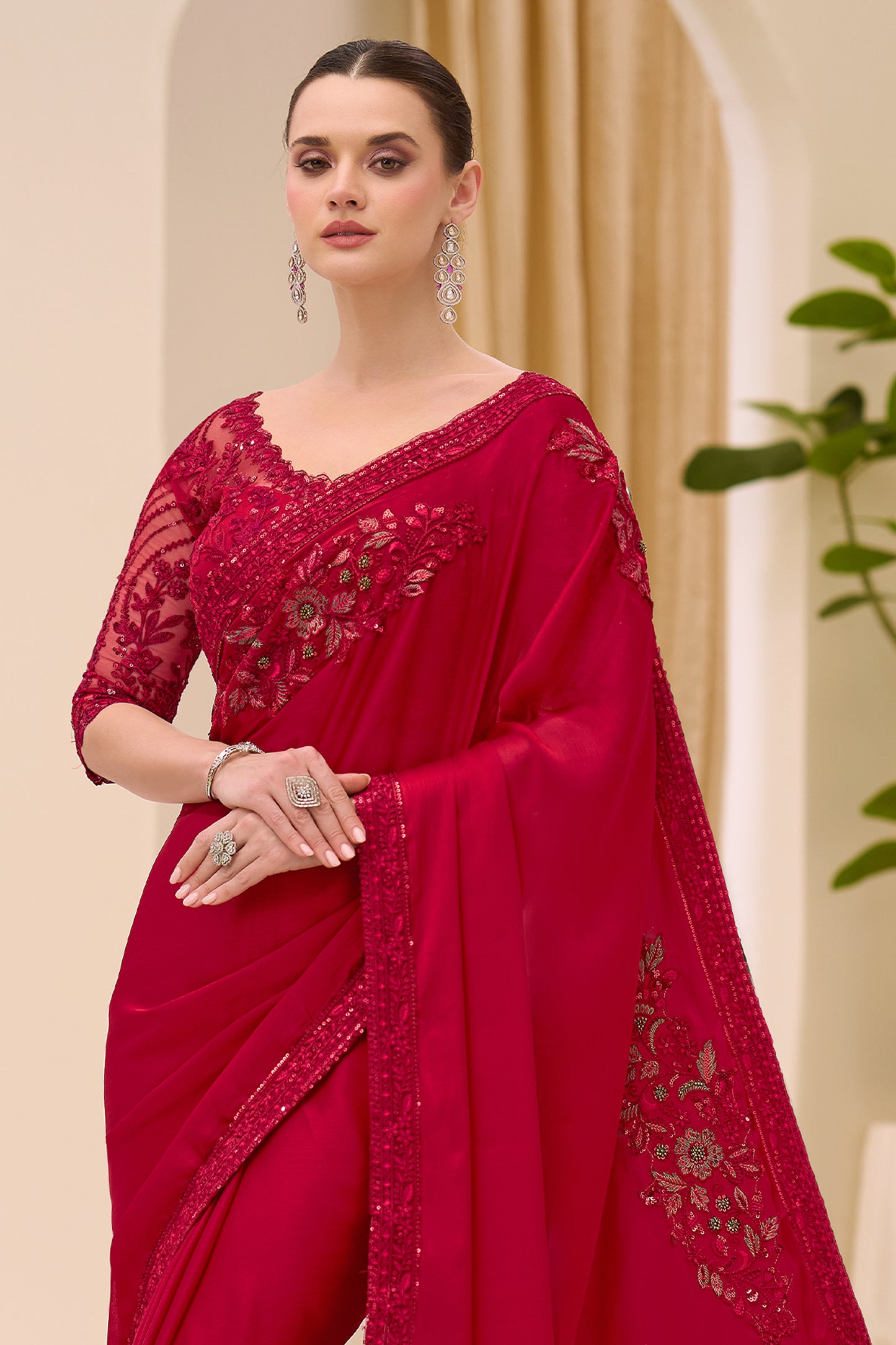 Red Embroidered Satin Chiffon Saree-SAR12434_4_SareeButa.com