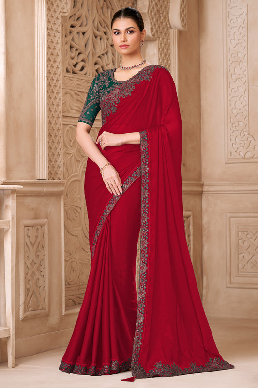 Red Embroidered Satin Georgette Saree-SAR12484_1_SareeButa.com