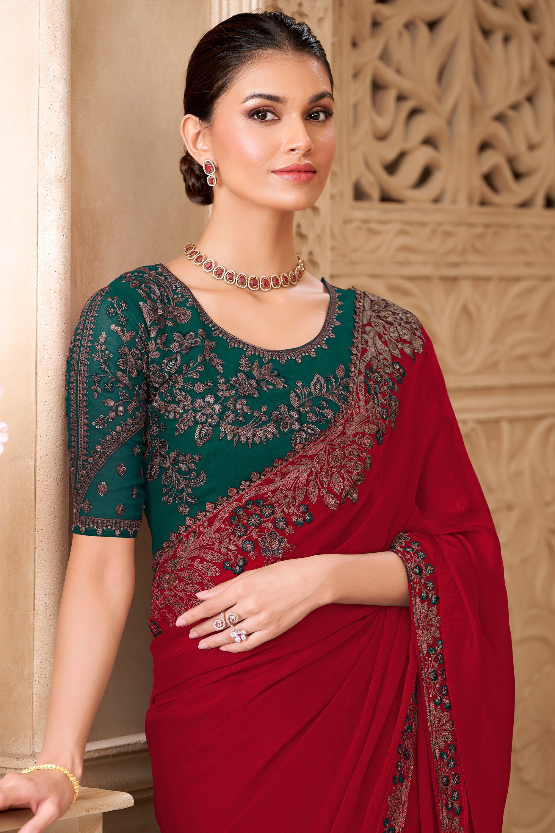 Red Embroidered Satin Georgette Saree-SAR12484_2_SareeButa.com