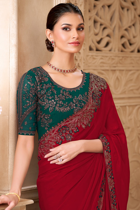 Red Embroidered Satin Georgette Saree-SAR12484_2_SareeButa.com