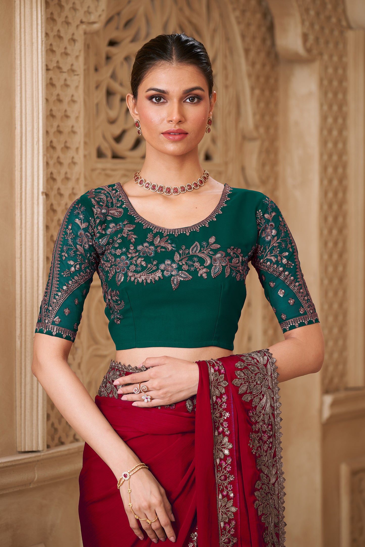 Red Embroidered Satin Georgette Saree-SAR12484_3_SareeButa.com