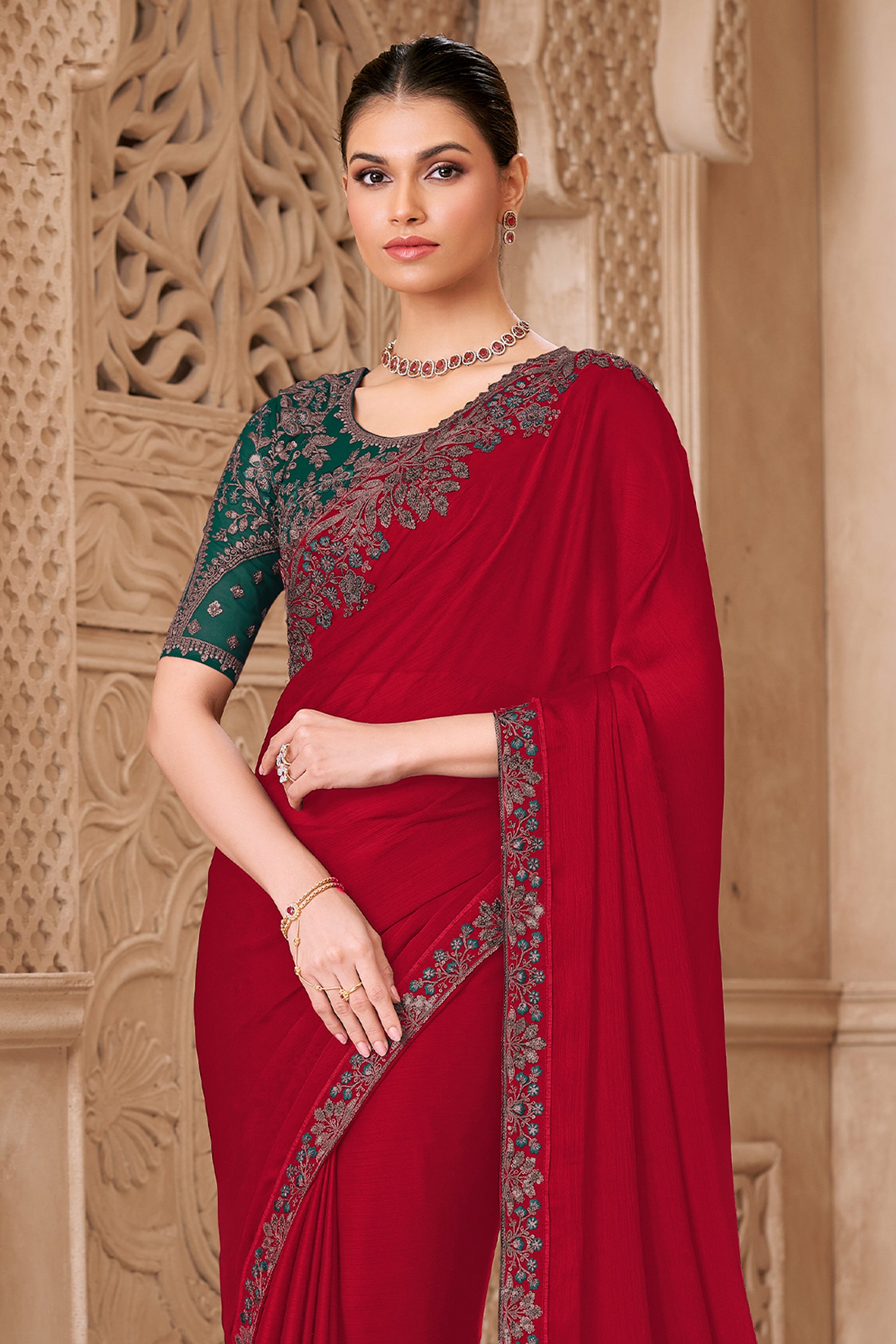 Red Embroidered Satin Georgette Saree-SAR12484_5_SareeButa.com