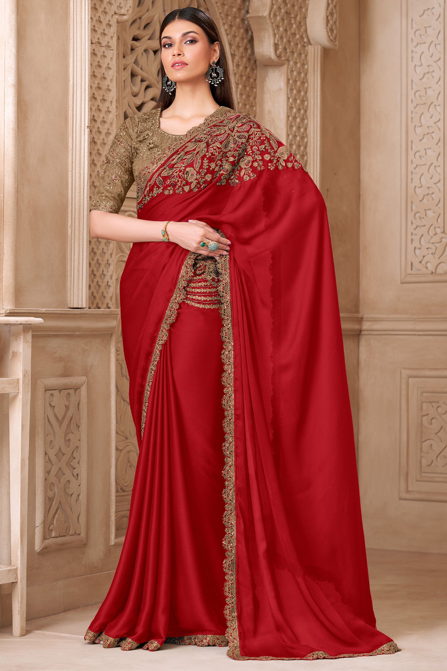 Red Embroidered Satin Silk Saree-SAR12457_1_SareeButa.com