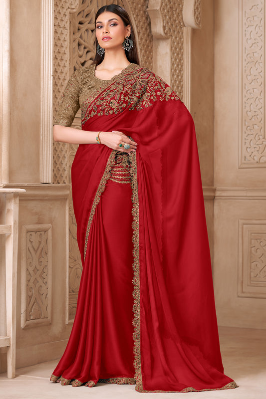 Red Embroidered Satin Silk Saree-SAR12457_1_SareeButa.com