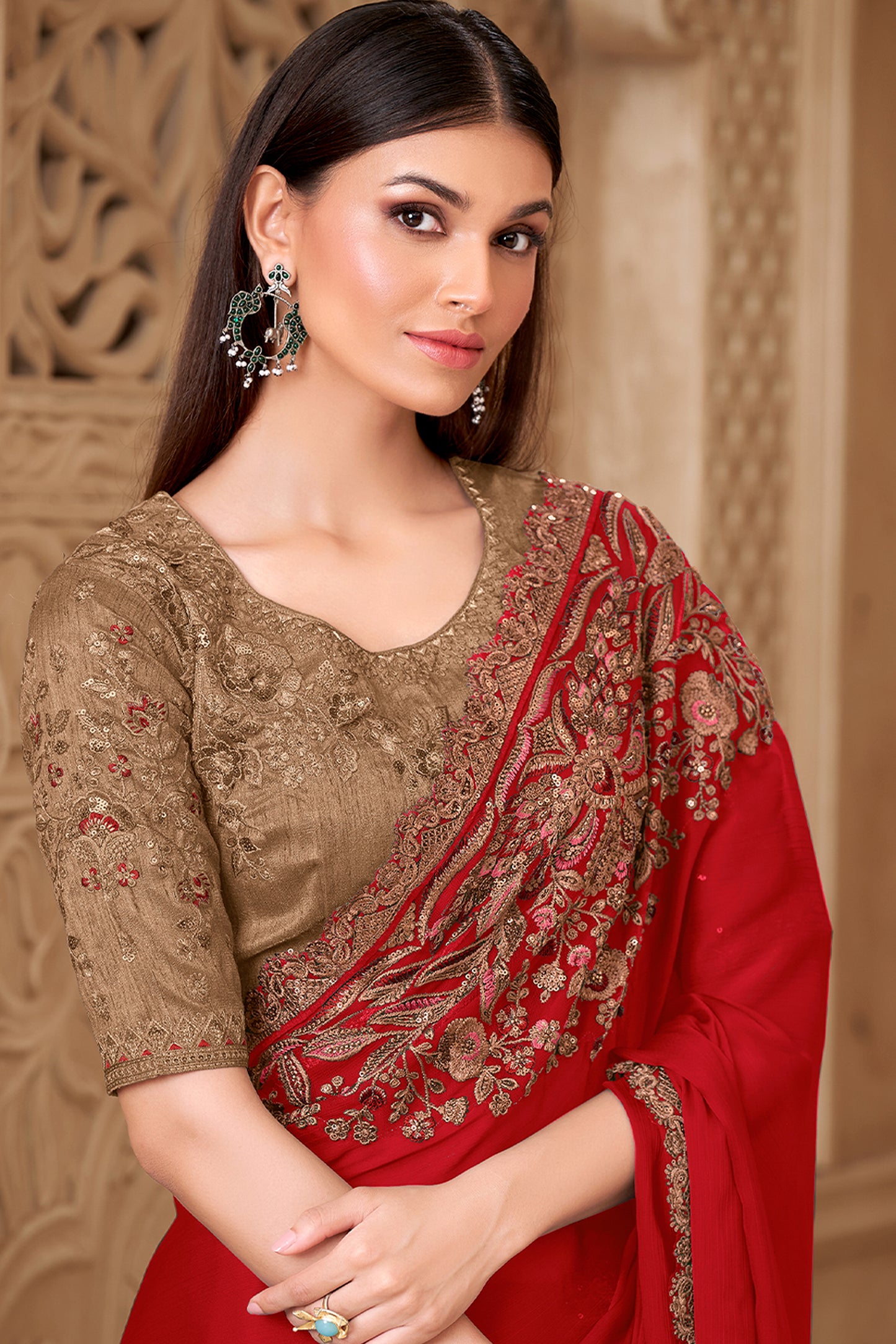 Red Embroidered Satin Silk Saree-SAR12457_2_SareeButa.com