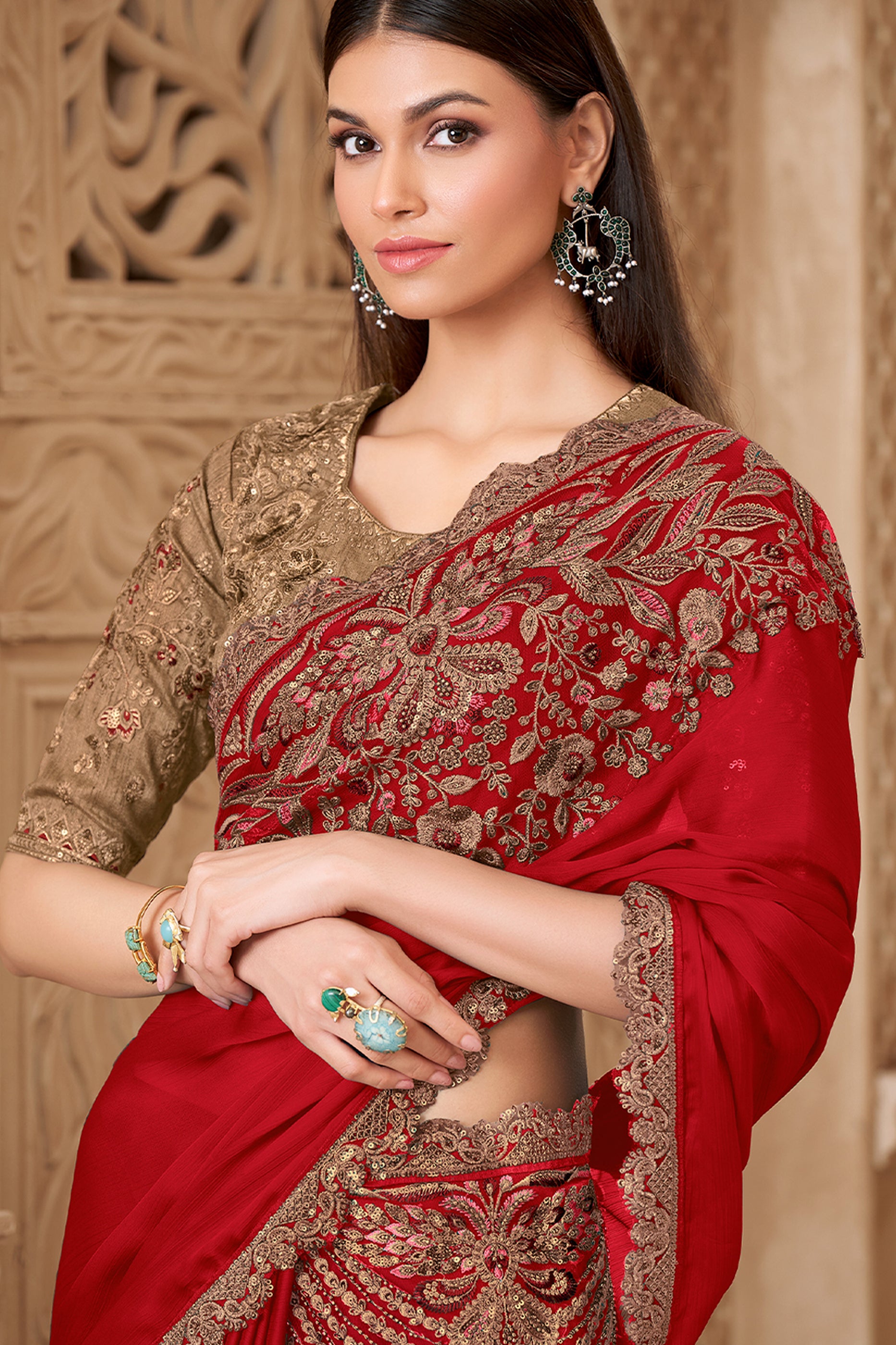 Red Embroidered Satin Silk Saree-SAR12457_3_SareeButa.com