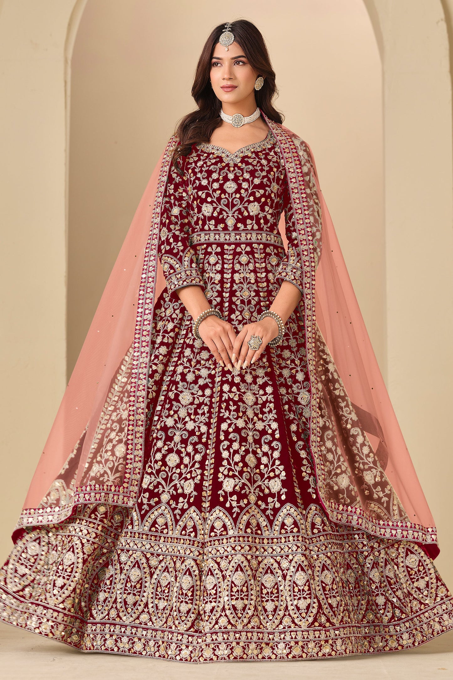 Red Embroidered Velvet Gown With Dupatta-SAR11579_1_SareeButa.com