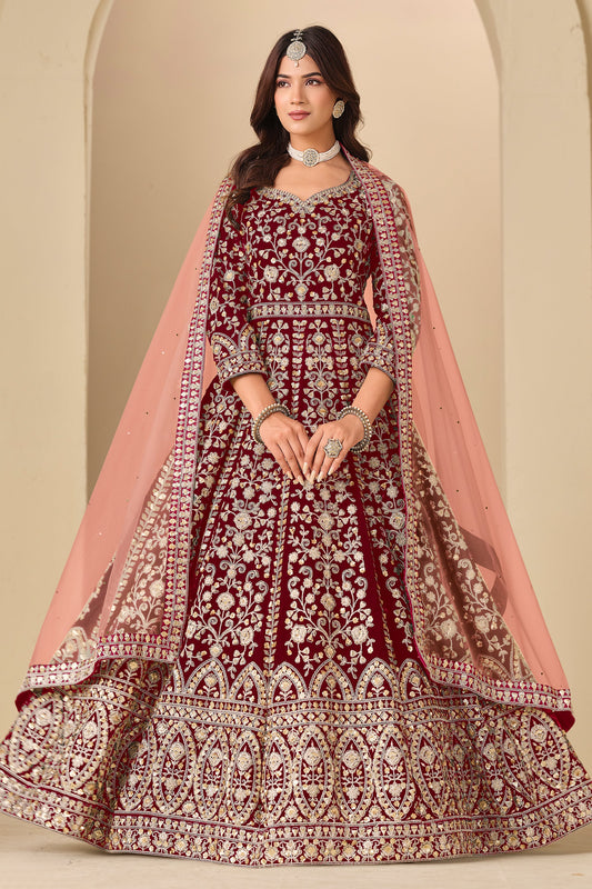 Red Embroidered Velvet Gown With Dupatta-SAR11579_1_SareeButa.com