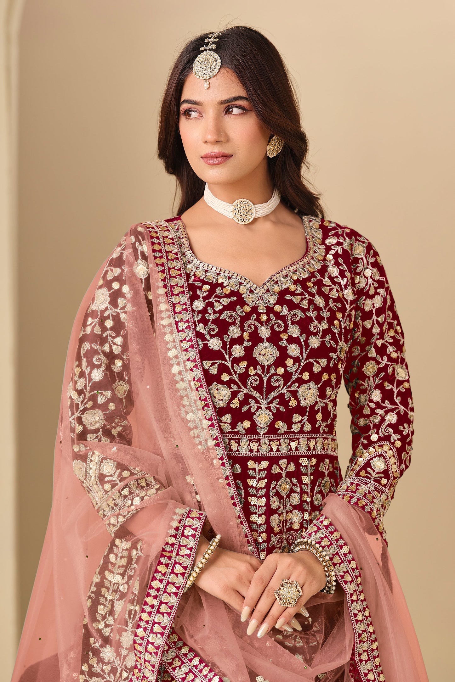 Red Embroidered Velvet Gown With Dupatta-SAR11579_2_SareeButa.com