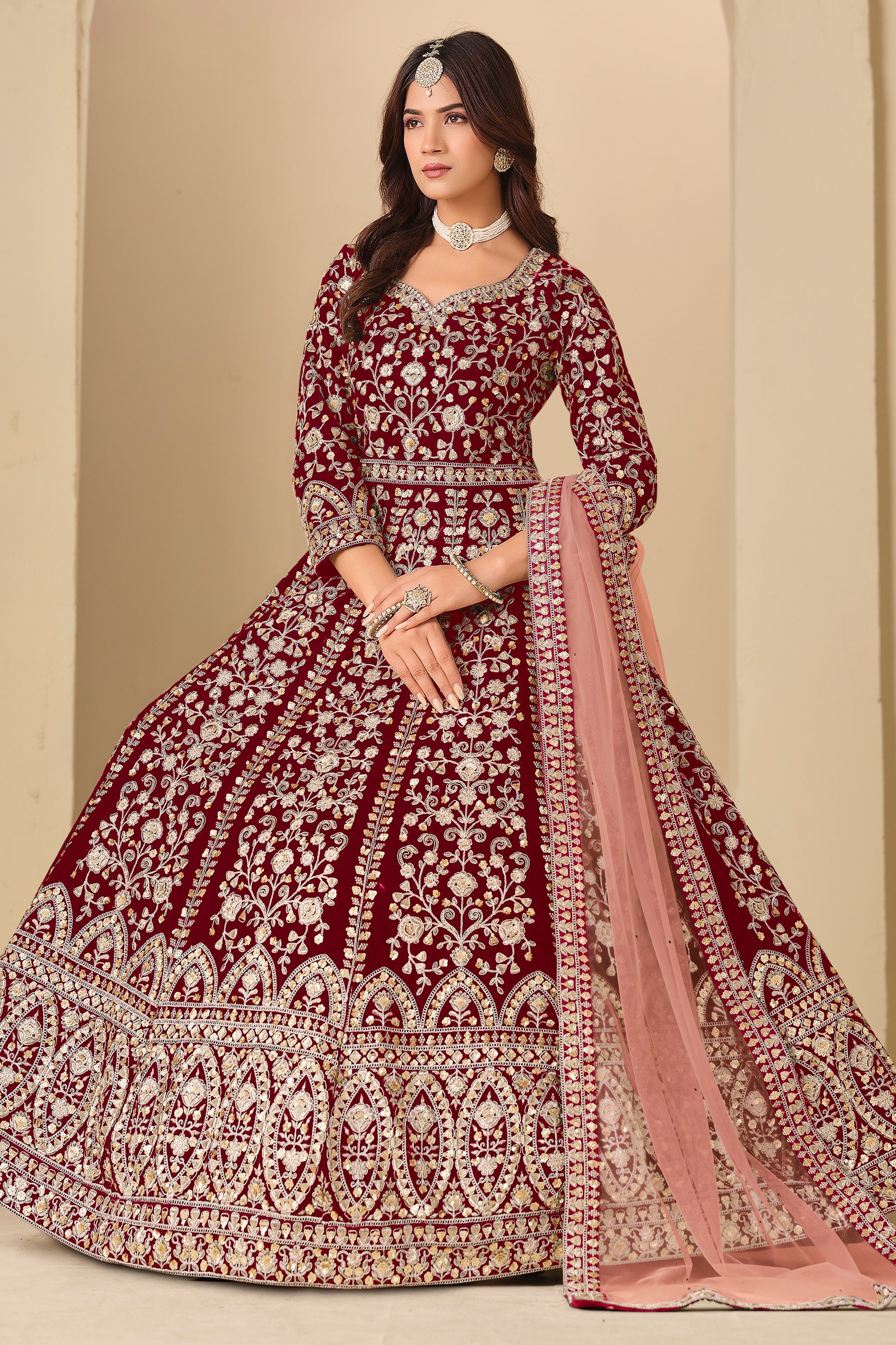 Red Embroidered Velvet Gown With Dupatta-SAR11579_3_SareeButa.com