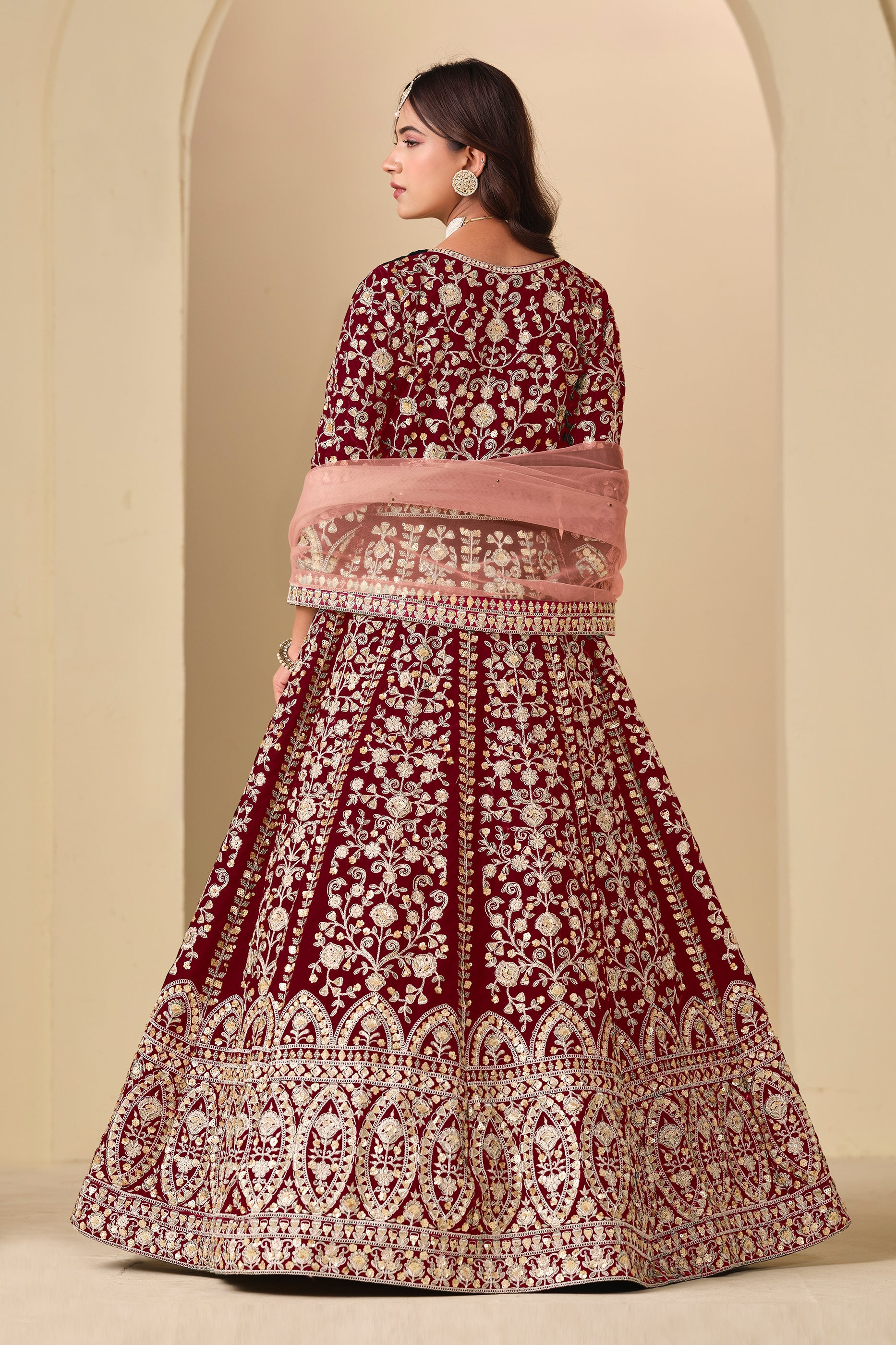 Red Embroidered Velvet Gown With Dupatta-SAR11579_4_SareeButa.com