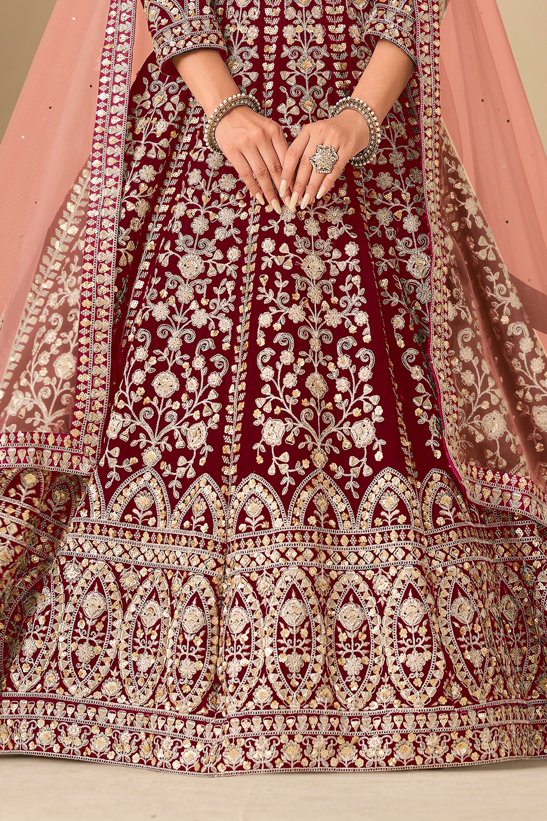 Red Embroidered Velvet Gown With Dupatta-SAR11579_5_SareeButa.com