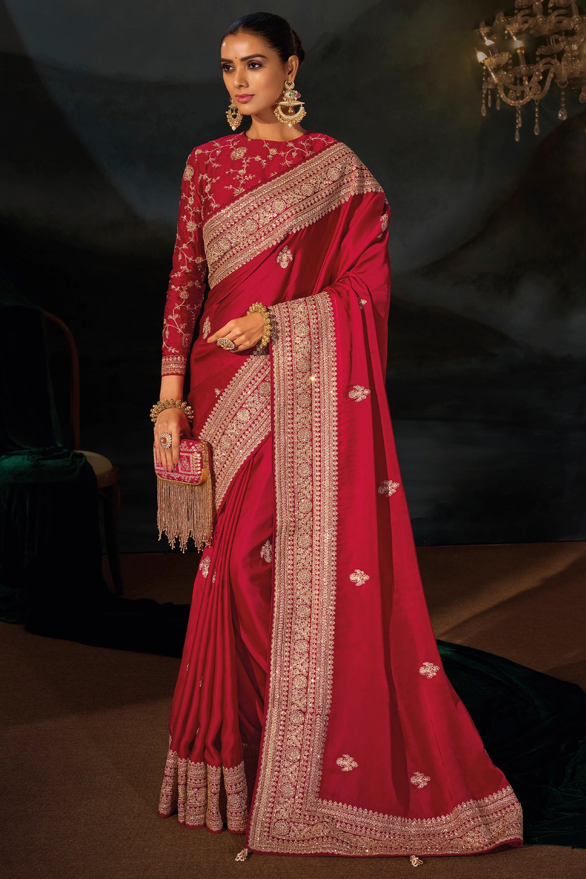 Red Embroidered Viscose Satin Saree-SAR13257_1_SareeButa.com