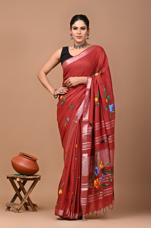red-handblock-print-cotton-linen-saree-zb132605_1_SareeButa.com