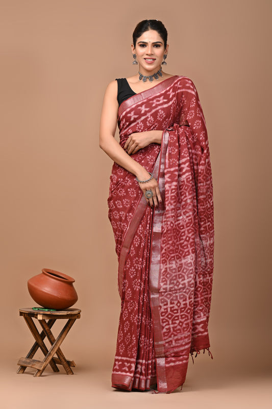 red-handblock-print-cotton-linen-saree-zb132608_1_SareeButa.com
