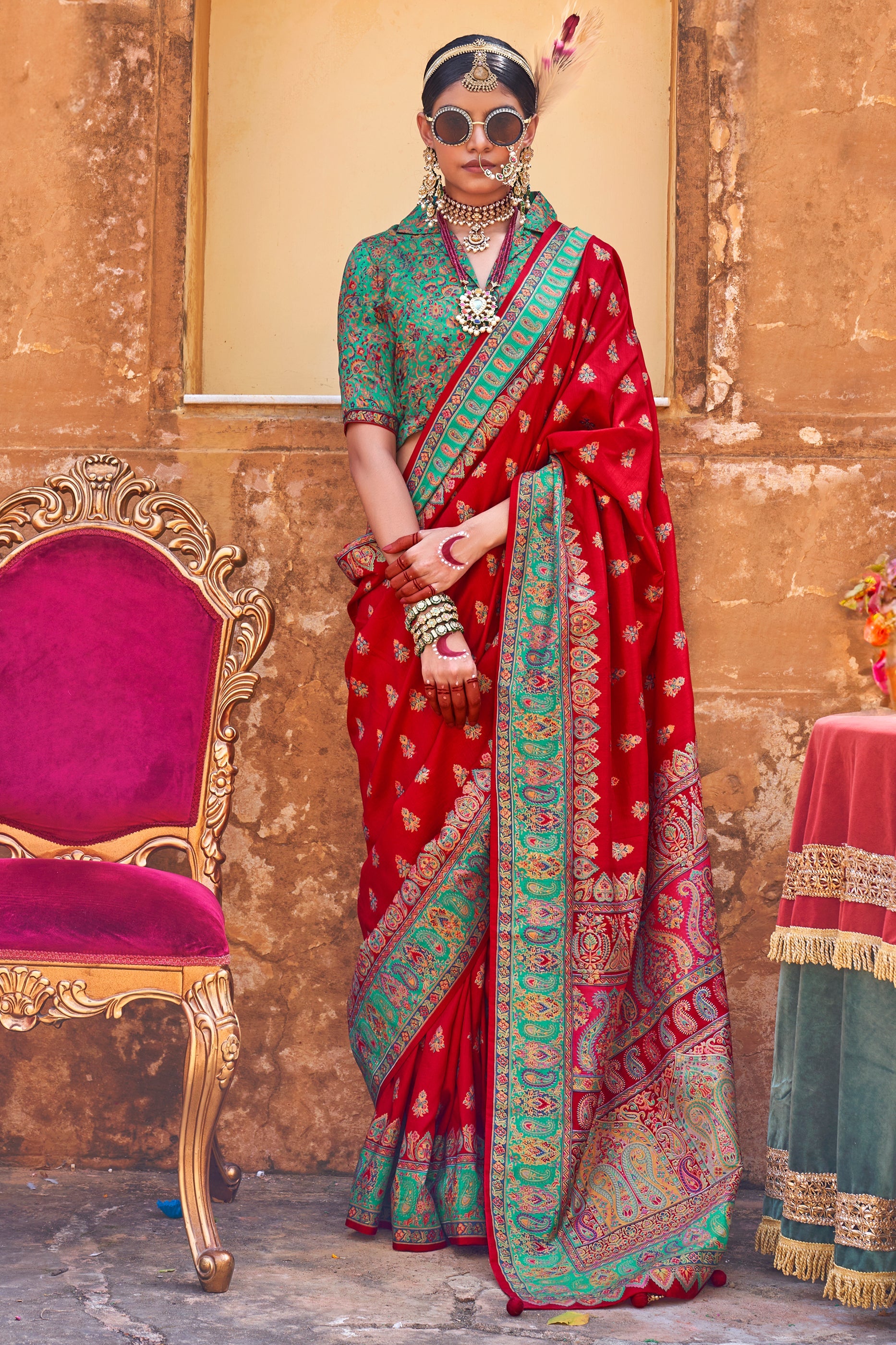 Red Jamewar Print Viscose Silk Saree-SAR10094_1_SareeButa.com
