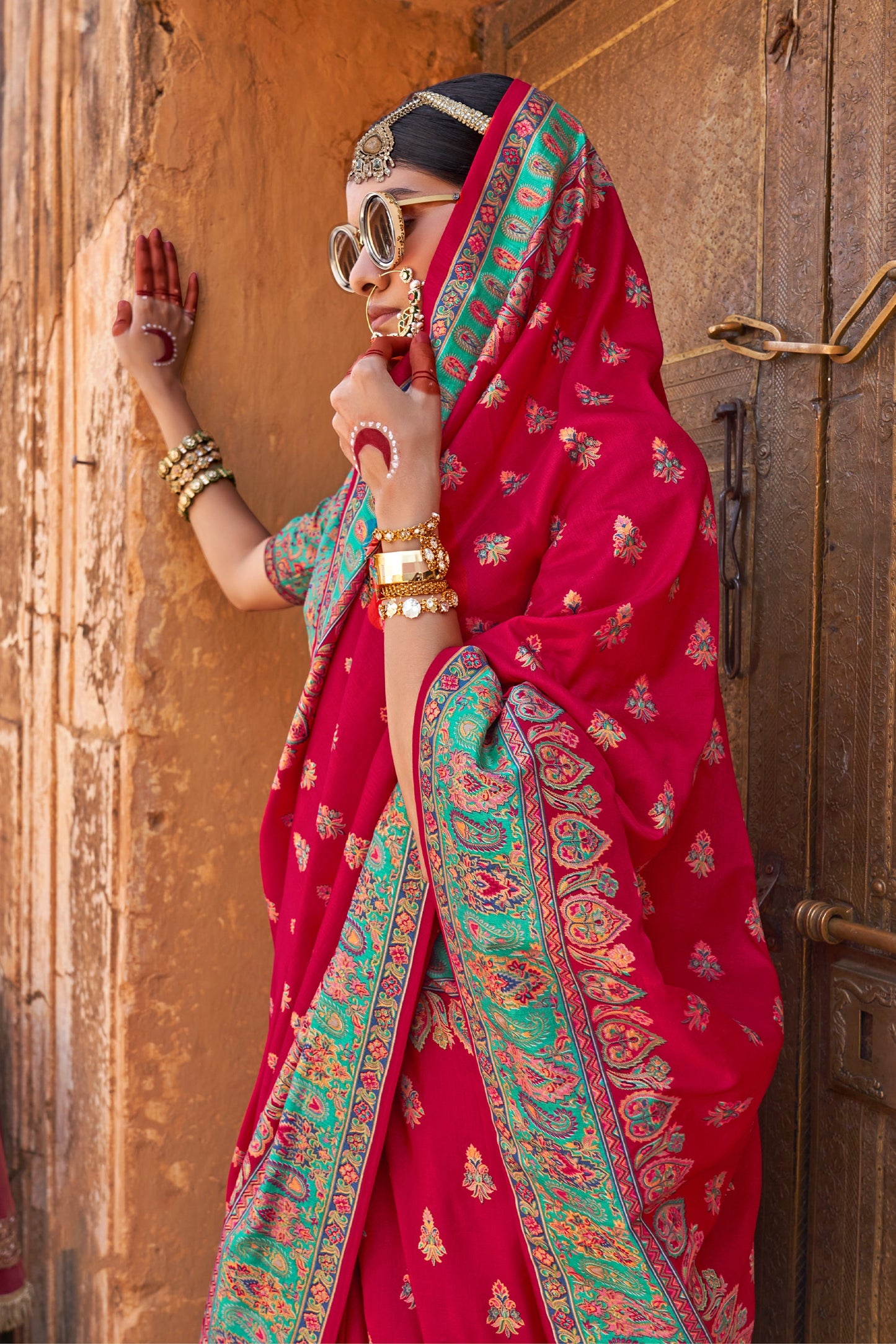 Red Jamewar Print Viscose Silk Saree-SAR10094_2_SareeButa.com