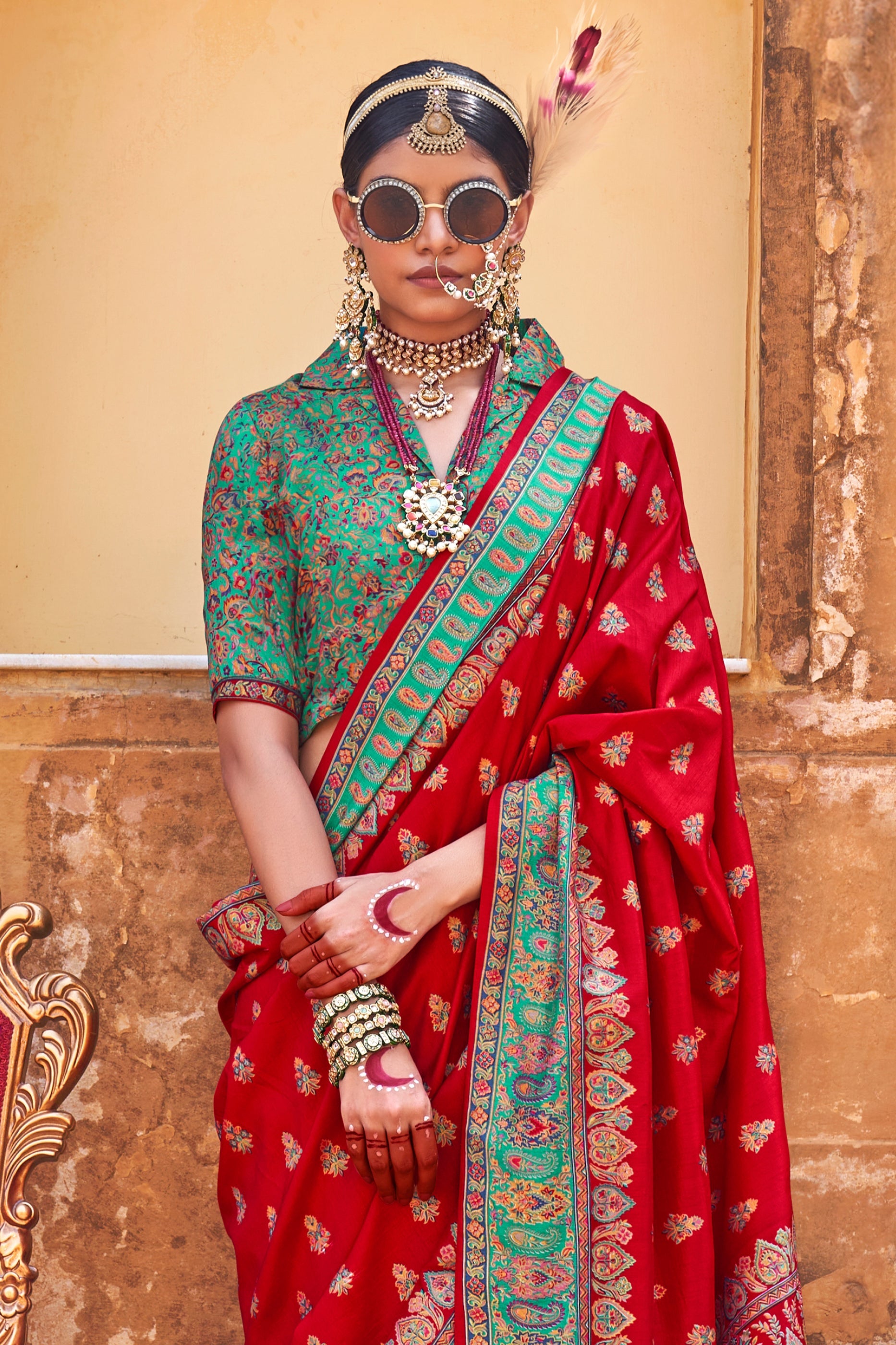 Red Jamewar Print Viscose Silk Saree-SAR10094_3_SareeButa.com