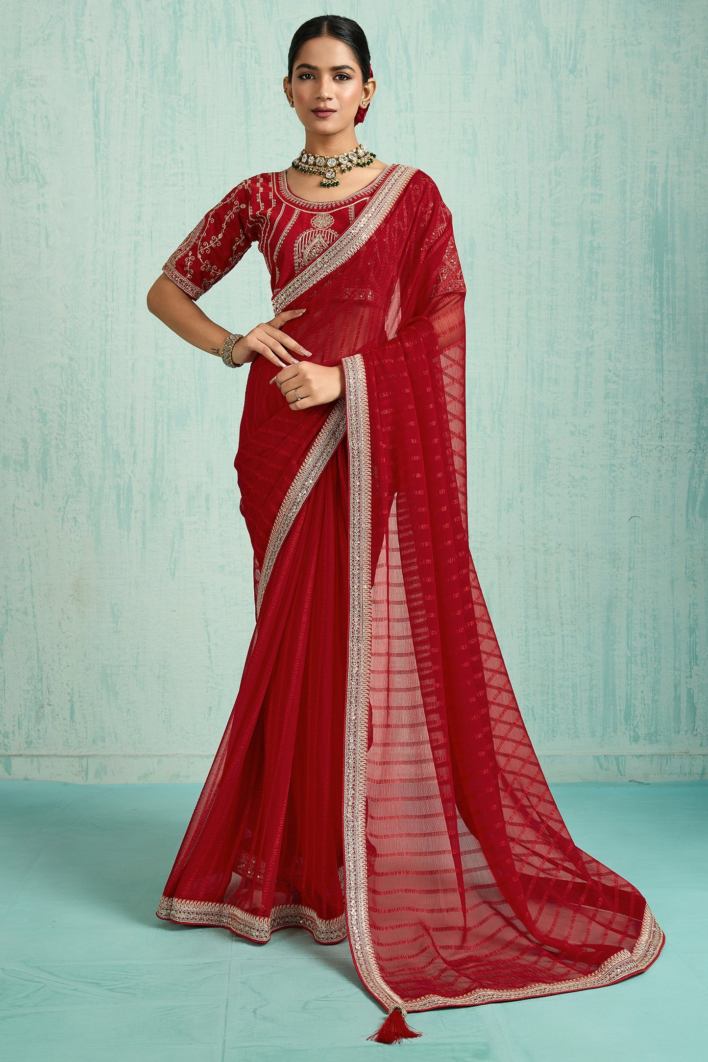 Red Lace Work Chiffon Saree-SAR10623_1_SareeButa.com