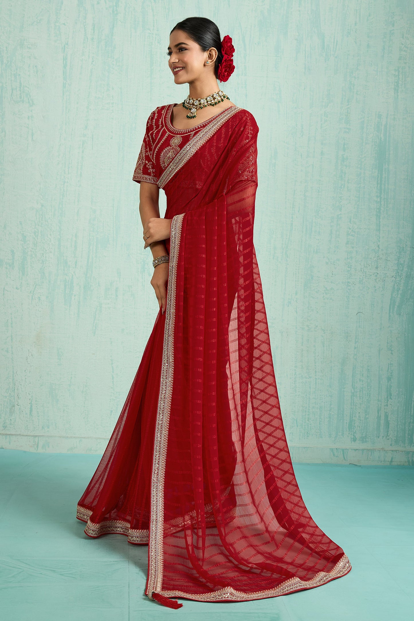 Red Lace Work Chiffon Saree-SAR10623_3_SareeButa.com